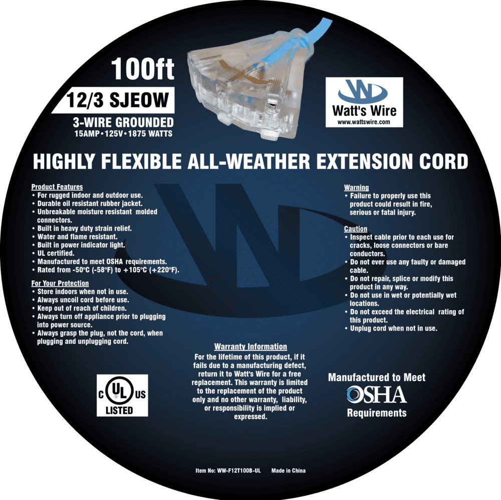 100′ 12/3 Flexible Extreme Cold Heavy Duty 3-Outlet SJEOW Oil-Resistant Cord