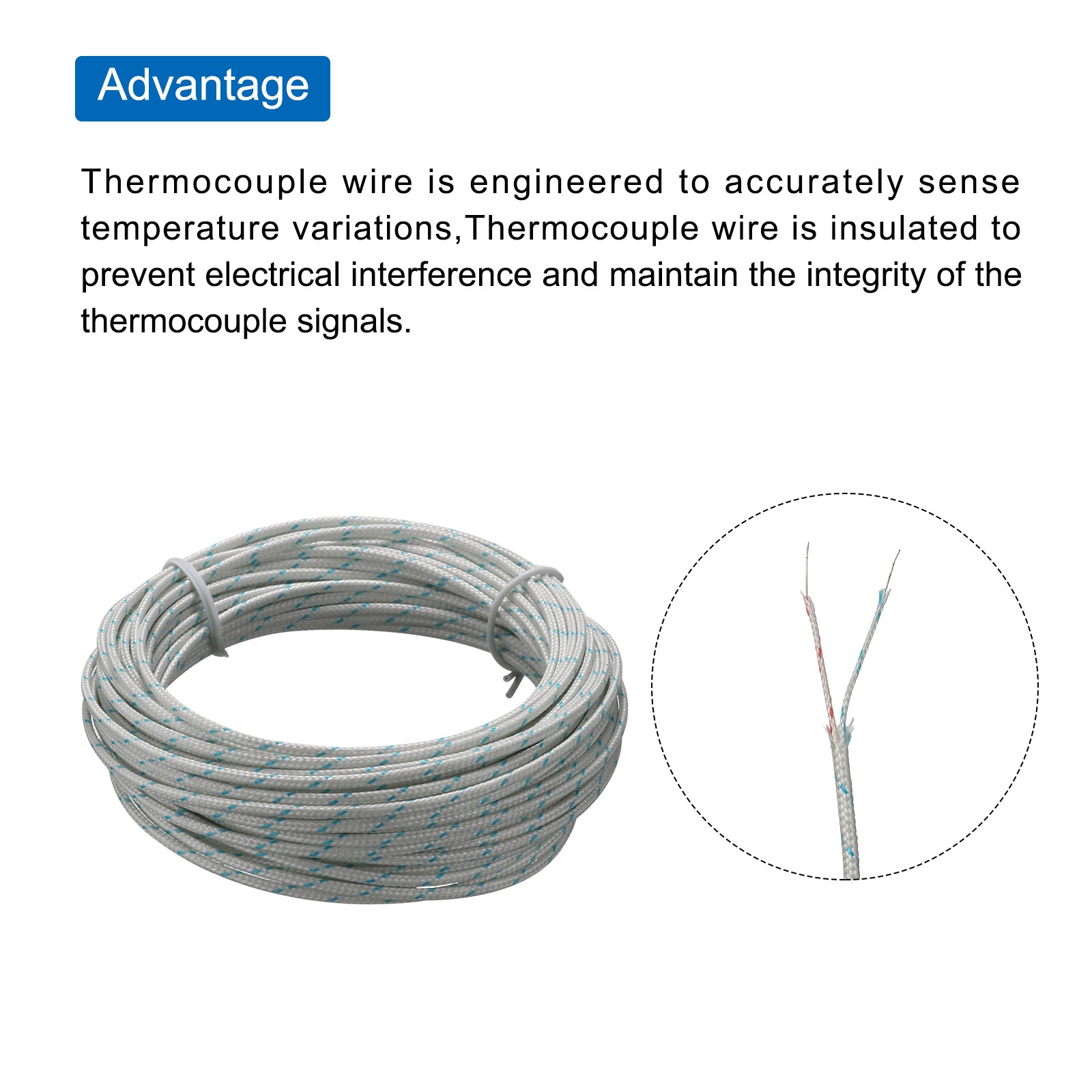 K-Type 2×0.3 Thermocouple Wires AWG 24 Braided Fiberglass Insulation 33 Ft