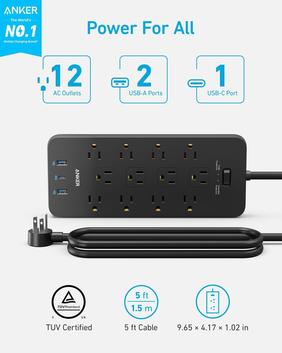 Anker Power Strip Surge Protector (2100J), 12 Outlets with 2 USB A and 1 USB C P