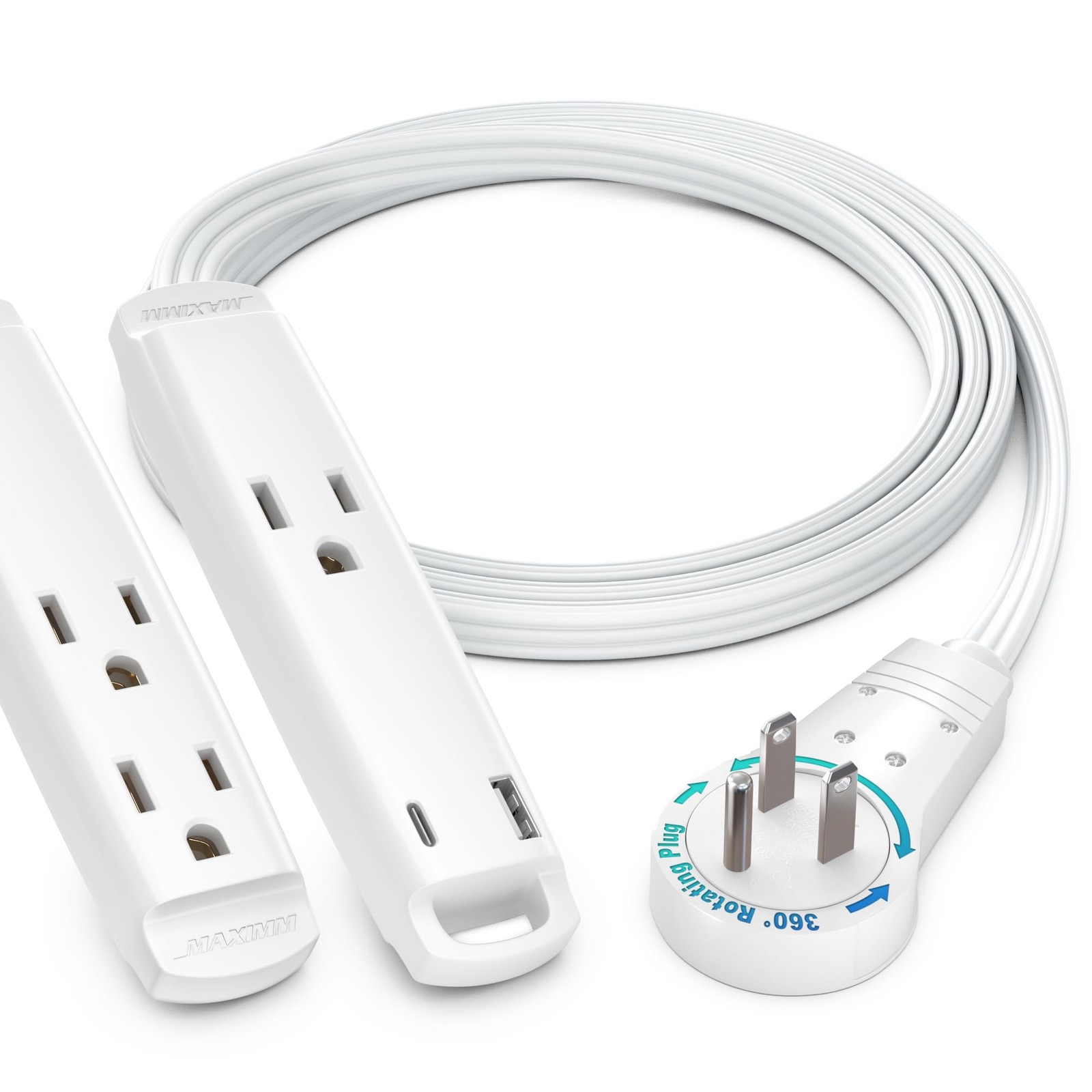 360° Rotating Flat Plug Extension Cord 3-Outlet with USB-C and USB-A Ports 3F…
