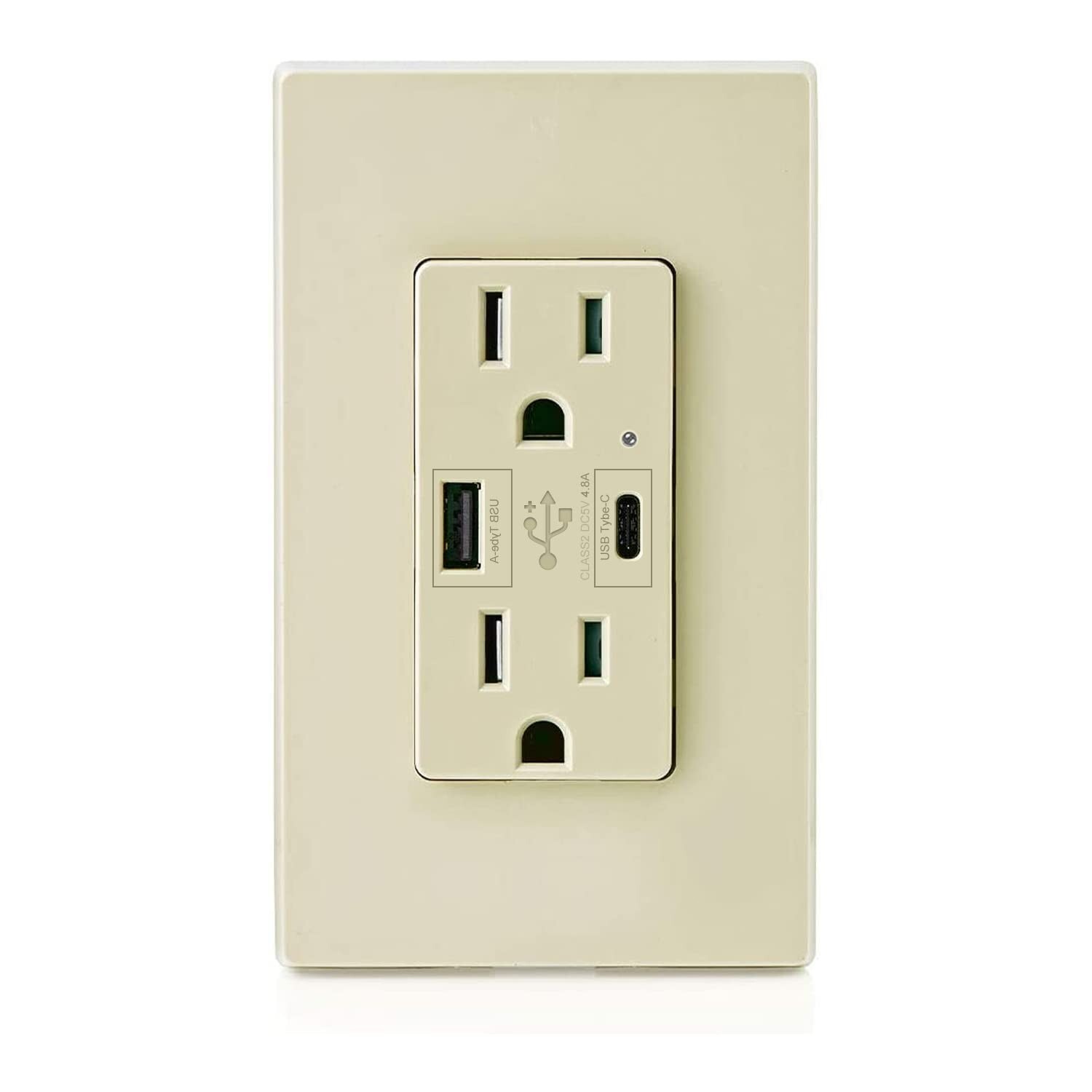 4.8A USB C Outlet 24W UL Dual High Speed Decora Receptacle 15 Amp,125 Volt，1Pack