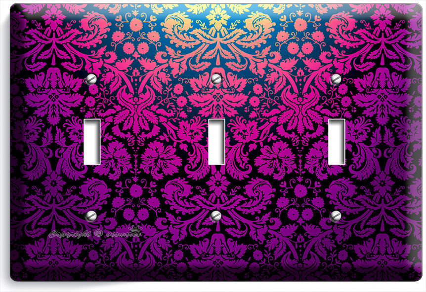 DAMASK PURPLE LUXURY ORNAMENT TRIPLE LIGHT SWITCH WALL PLATE COVER MODERN DECOR