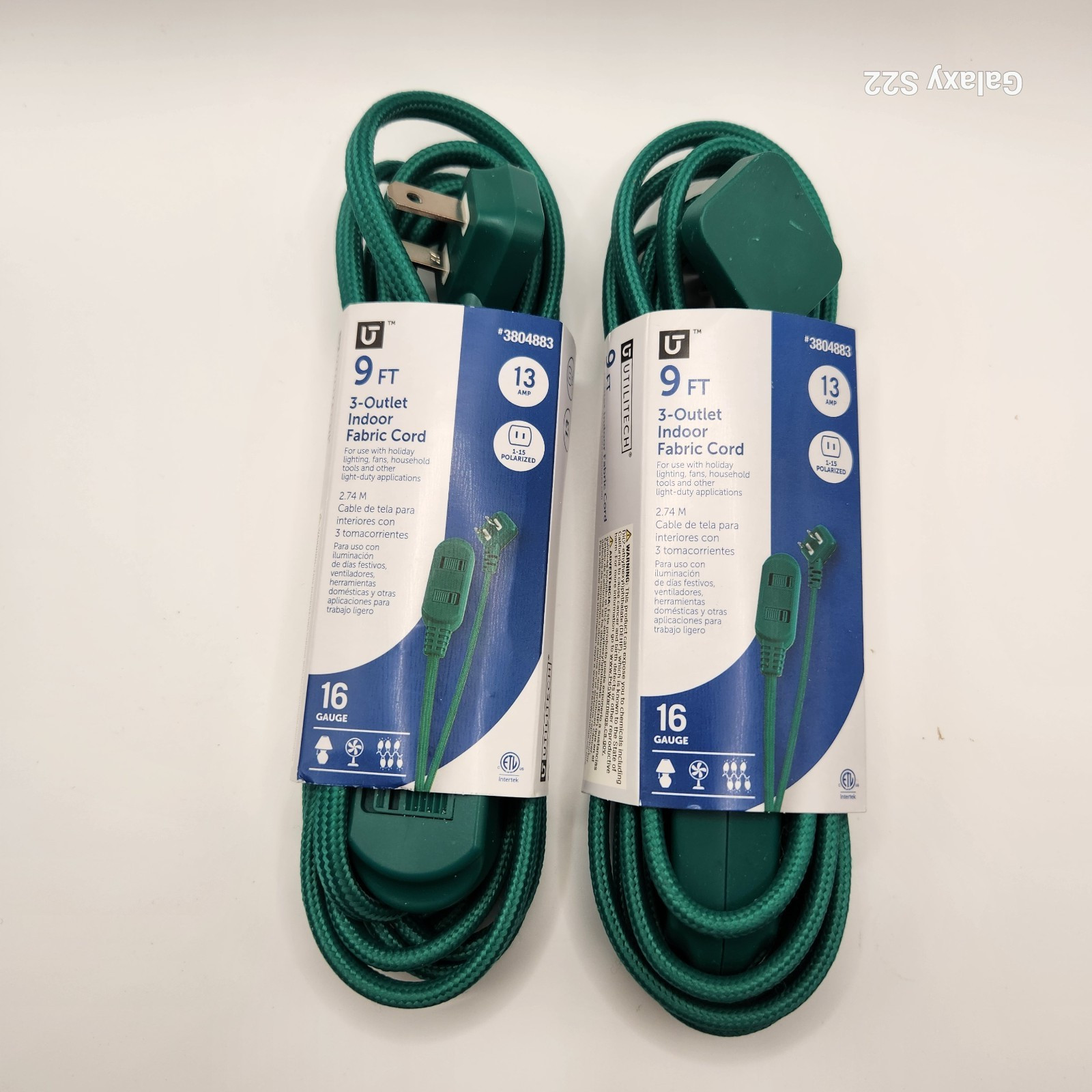 2 Utilitech 9-FT, Extension Cord 3-Outlet Green Fabric Right Angle plug