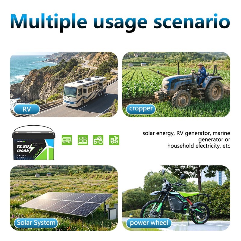 YULONGNE 12V 100Ah Lithium LiFePO4 Battery 8000+ Deep Cycle for Solar RV Marine