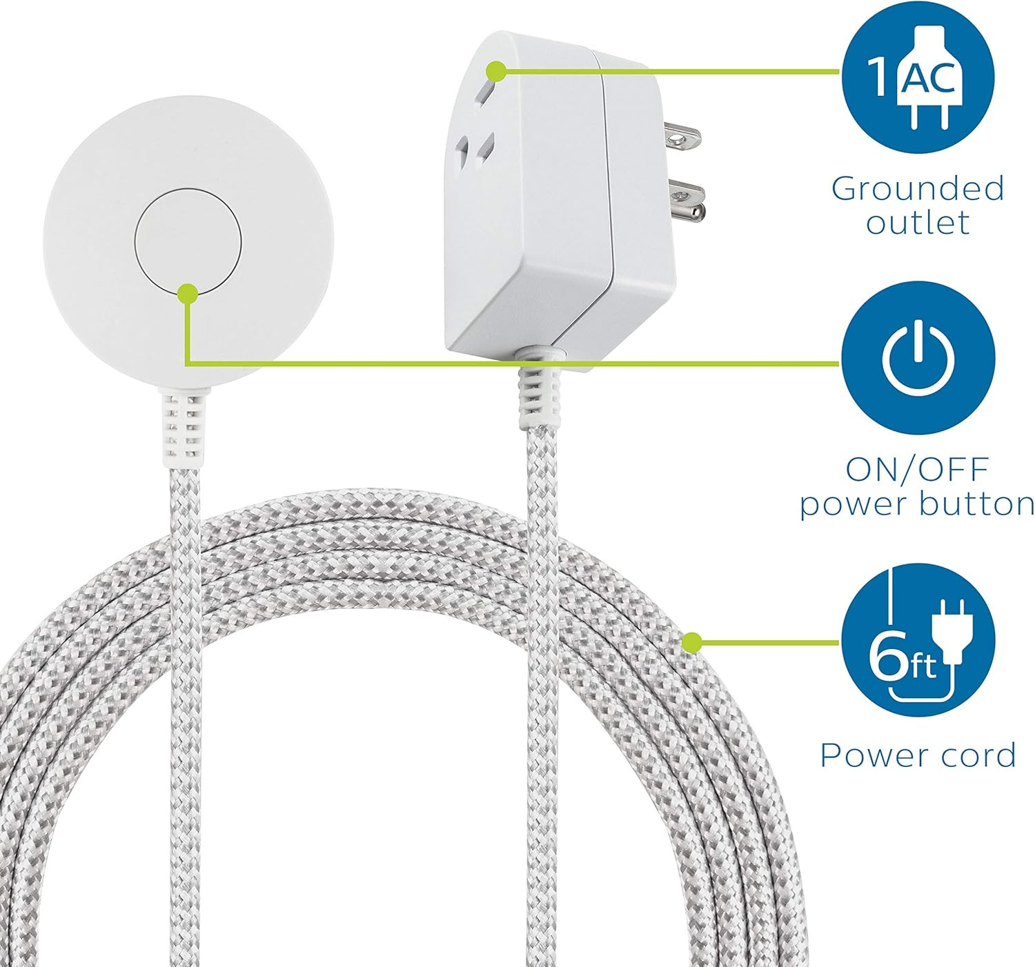 Grounded Plug with Braided Cord, 6 Ft Long Power Cable, On/Off Switch, for Table