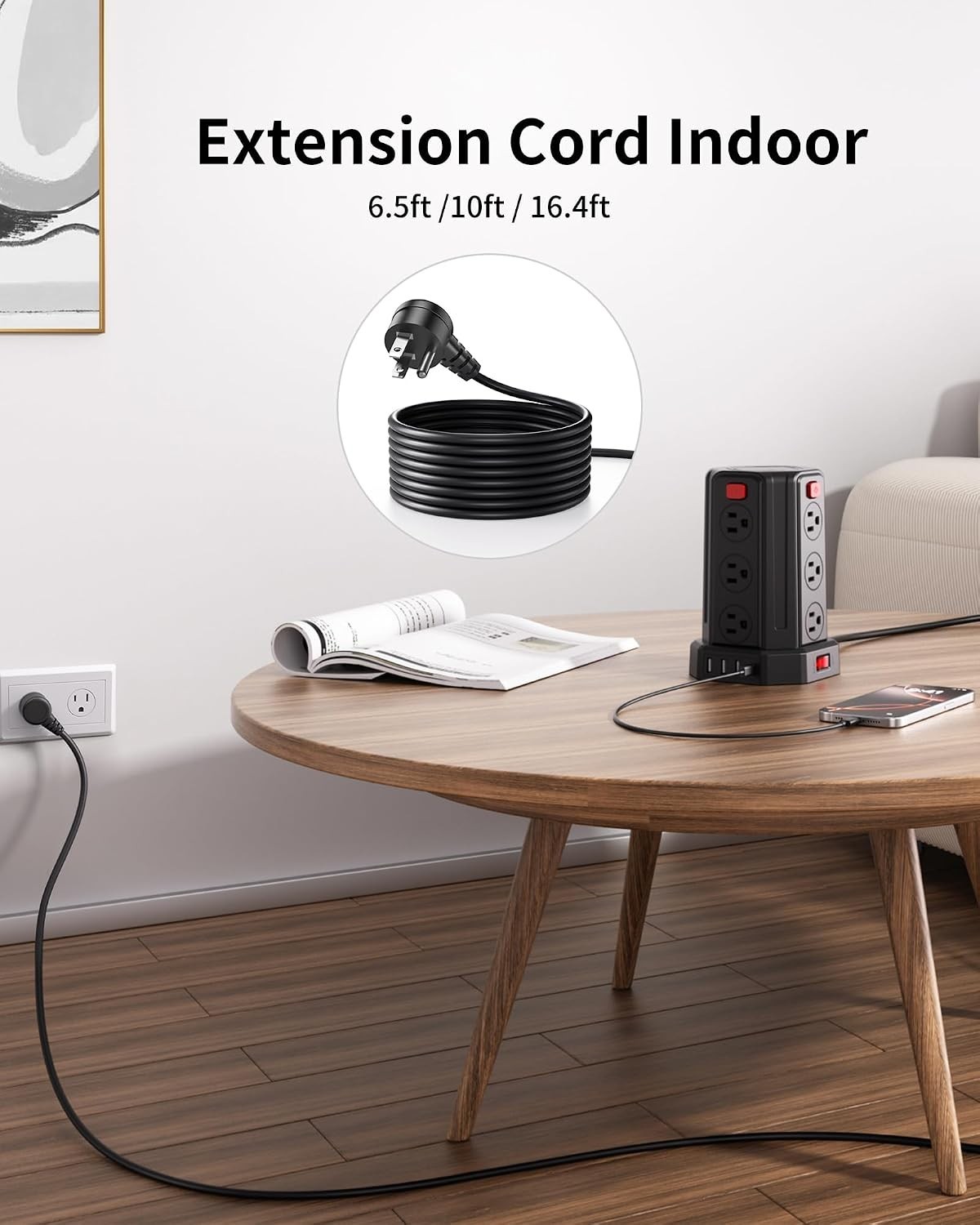 Compact 12-Outlet Power Strip with 4 USB Ports – 6.5 Ft Surge Protection Tower