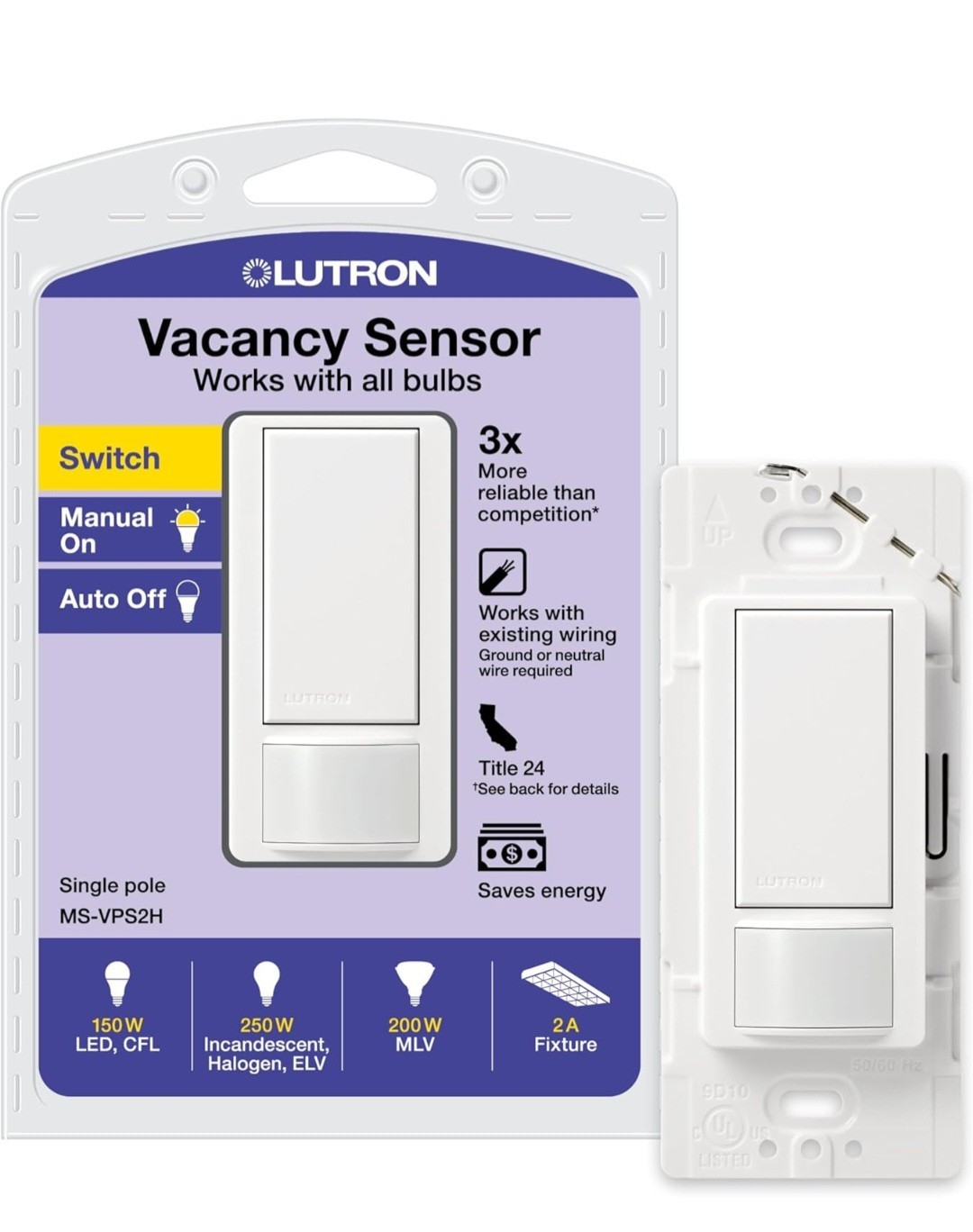 Lutron MS-VPS2H-WH White Vacancy-Only Motion Sensor: manual on, auto off on exit