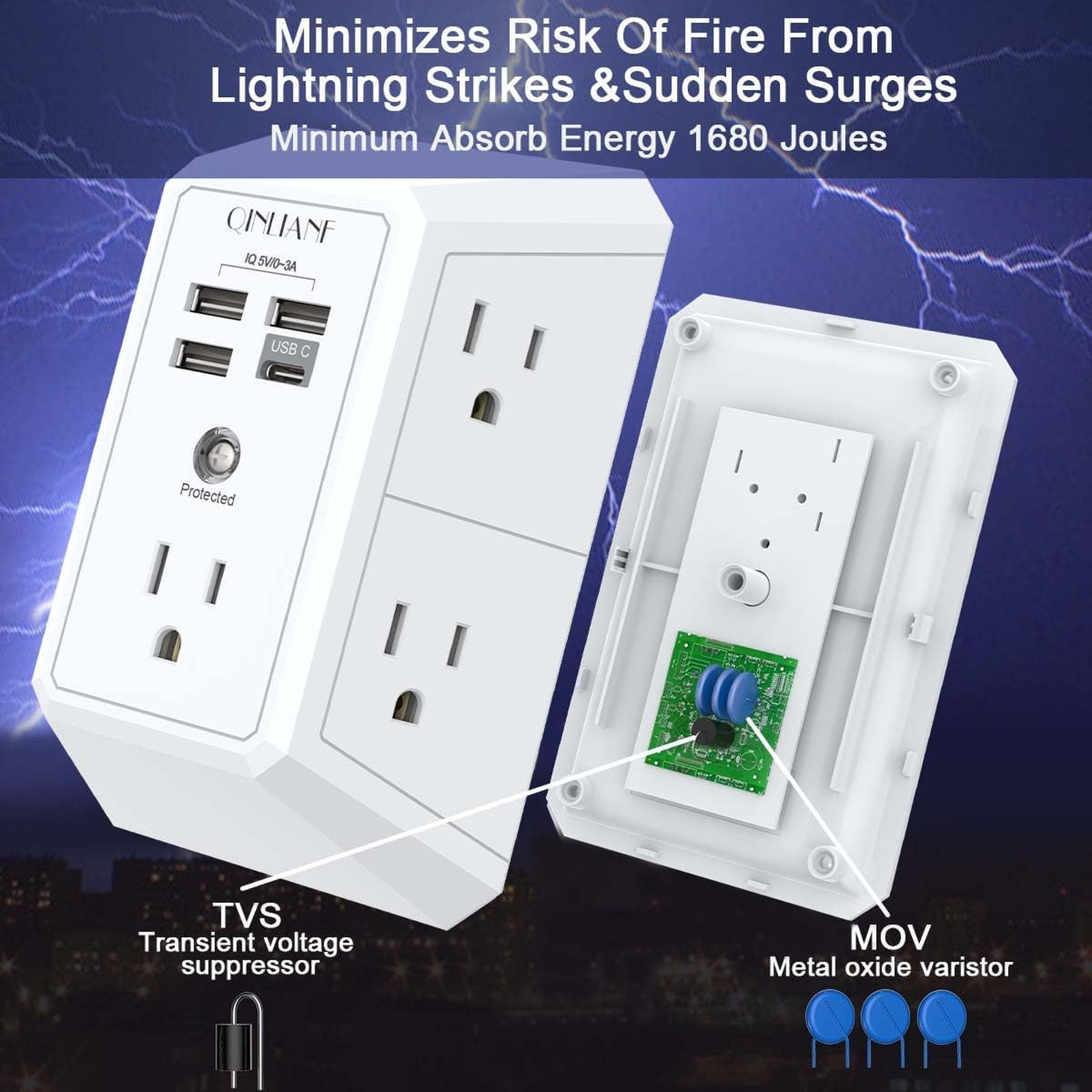 Wall Charger Surge Protector 5 Outlet Extender with 4 USB Ports 3 Sided Power