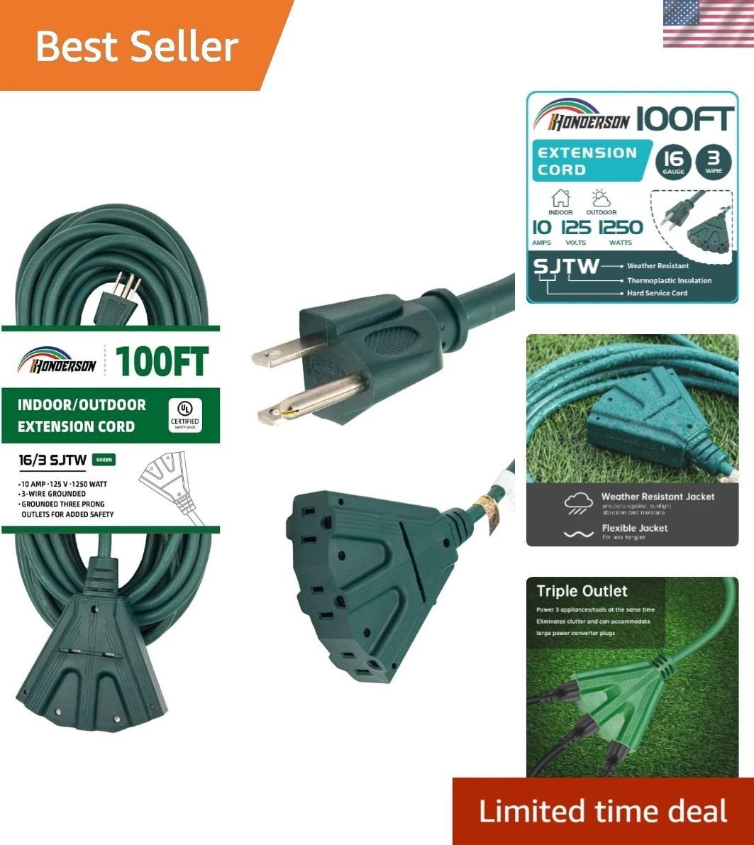 16 Gauge 100FT Weather Resistant Extension Cord – 3 Outlets for Home & Garden