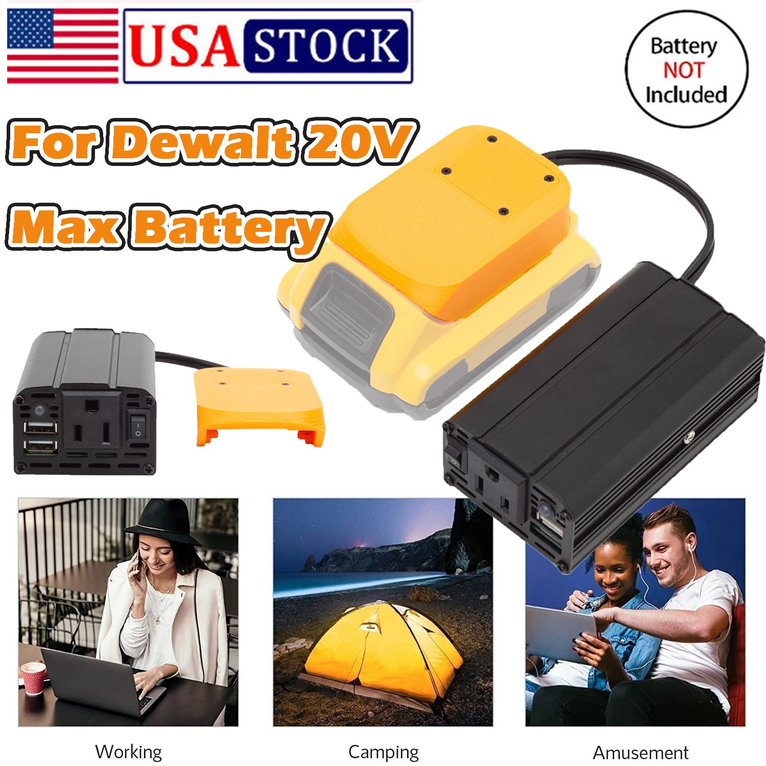 For Dewalt 20V Battery Power Inverter Converter DC 15-21V To AC 110v w/USB US