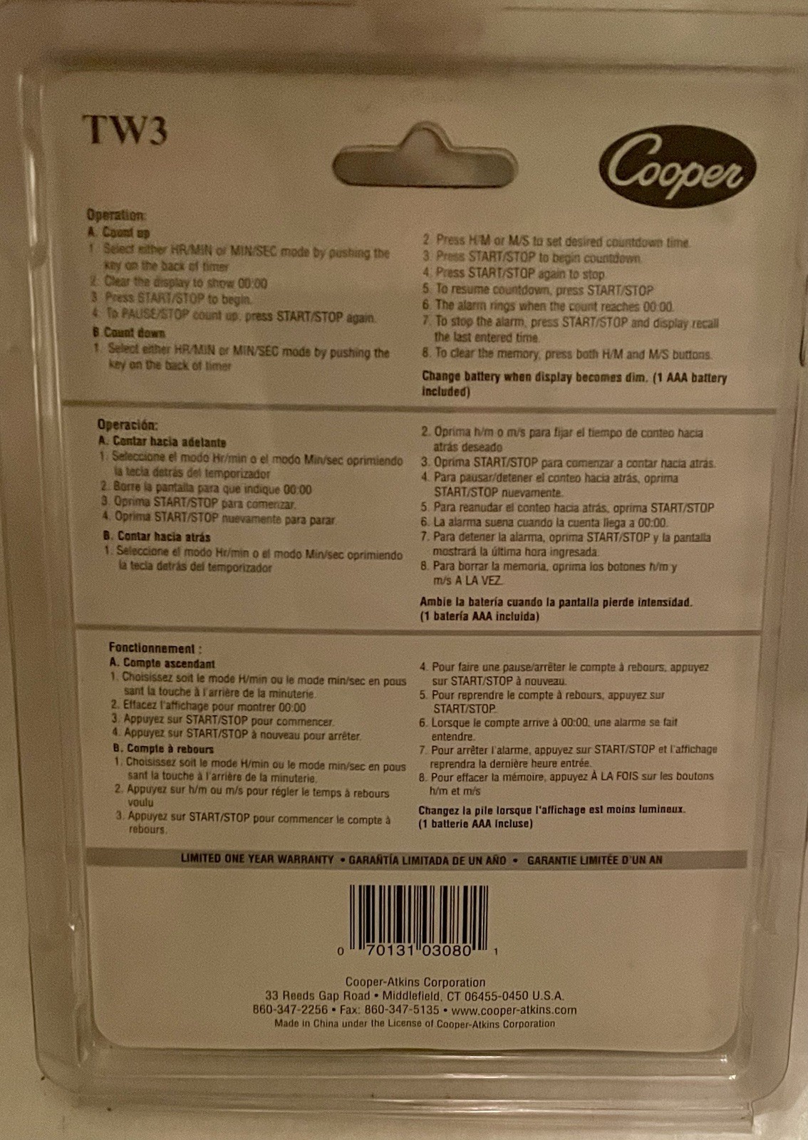 Cooper-Atkins TW3 Waterproof Digital Timer Back Stand/Magnet 99 Min Hr Min Sec