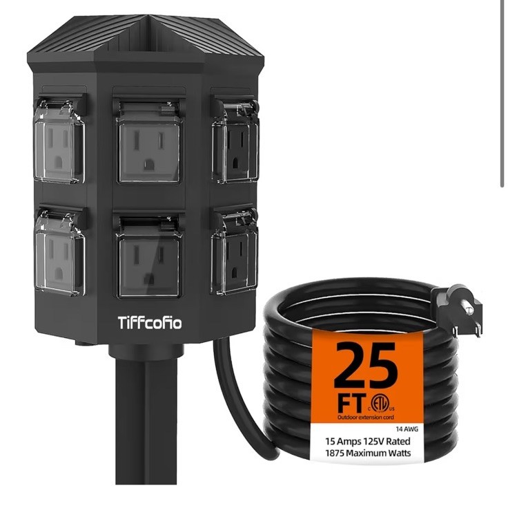 Outdoor Power Strip Weatherproof, 25 FT Extension Cord with Stake, 6 Grounded