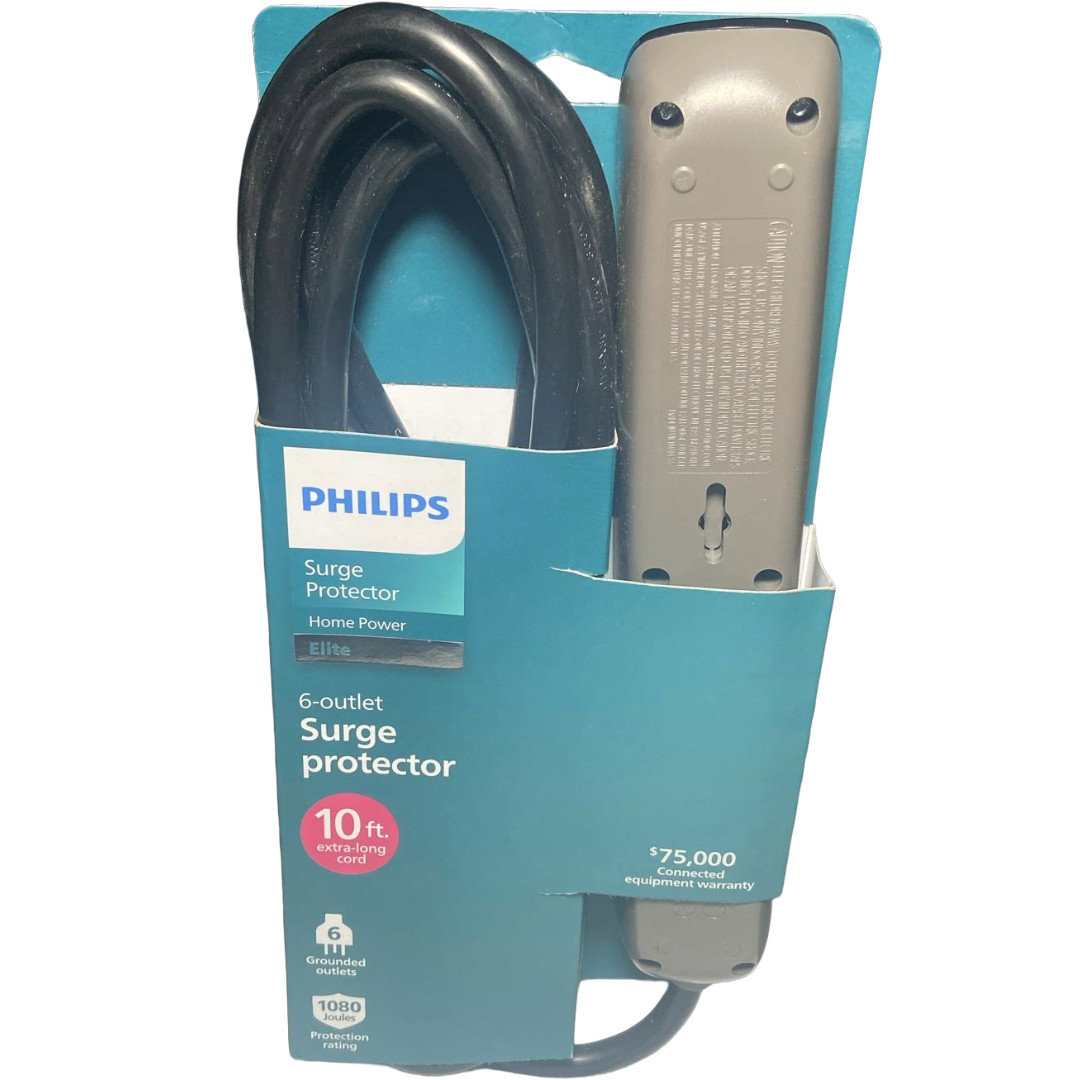 Philips 6 Outlet Surge Protector Power Strip 1080J 10FT Cord Black SPP6110BC