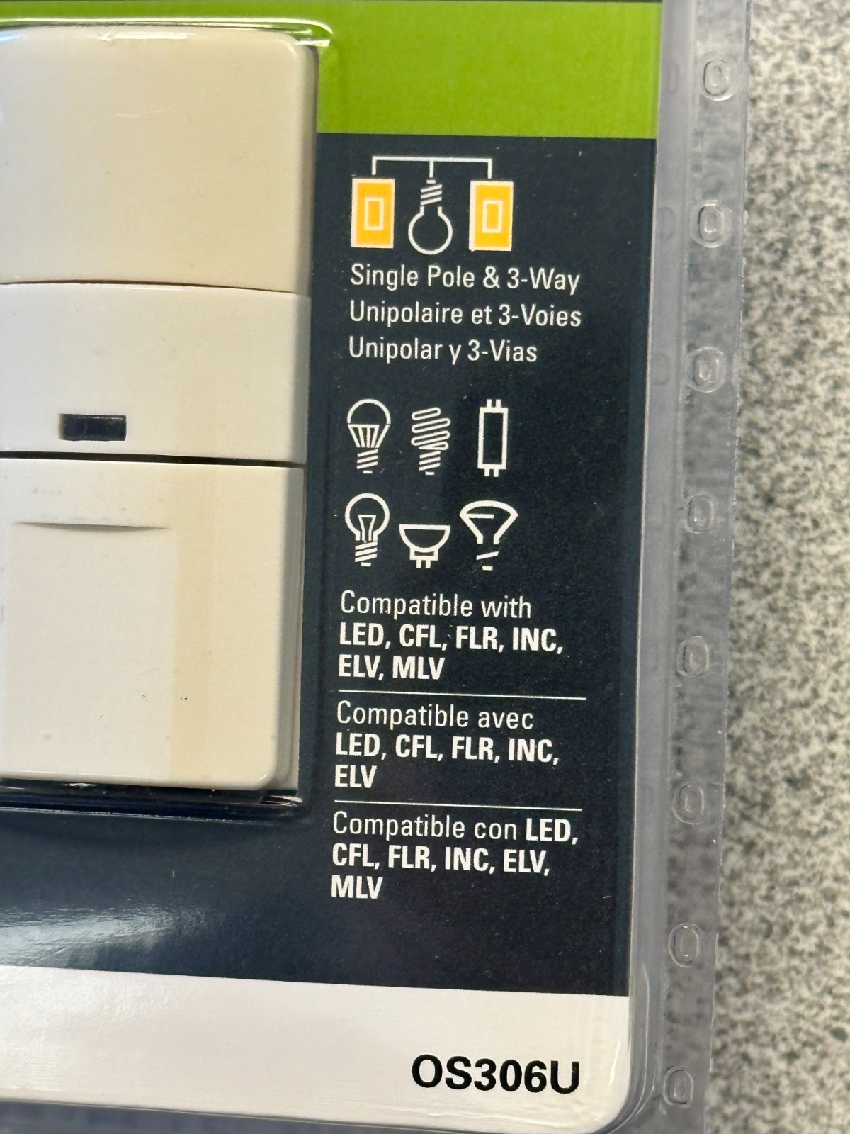 NEW EATON OS306U-LA Motion Sensor Switch 1 Pole 3 Way 600W Lt Almond LED CFL FLR