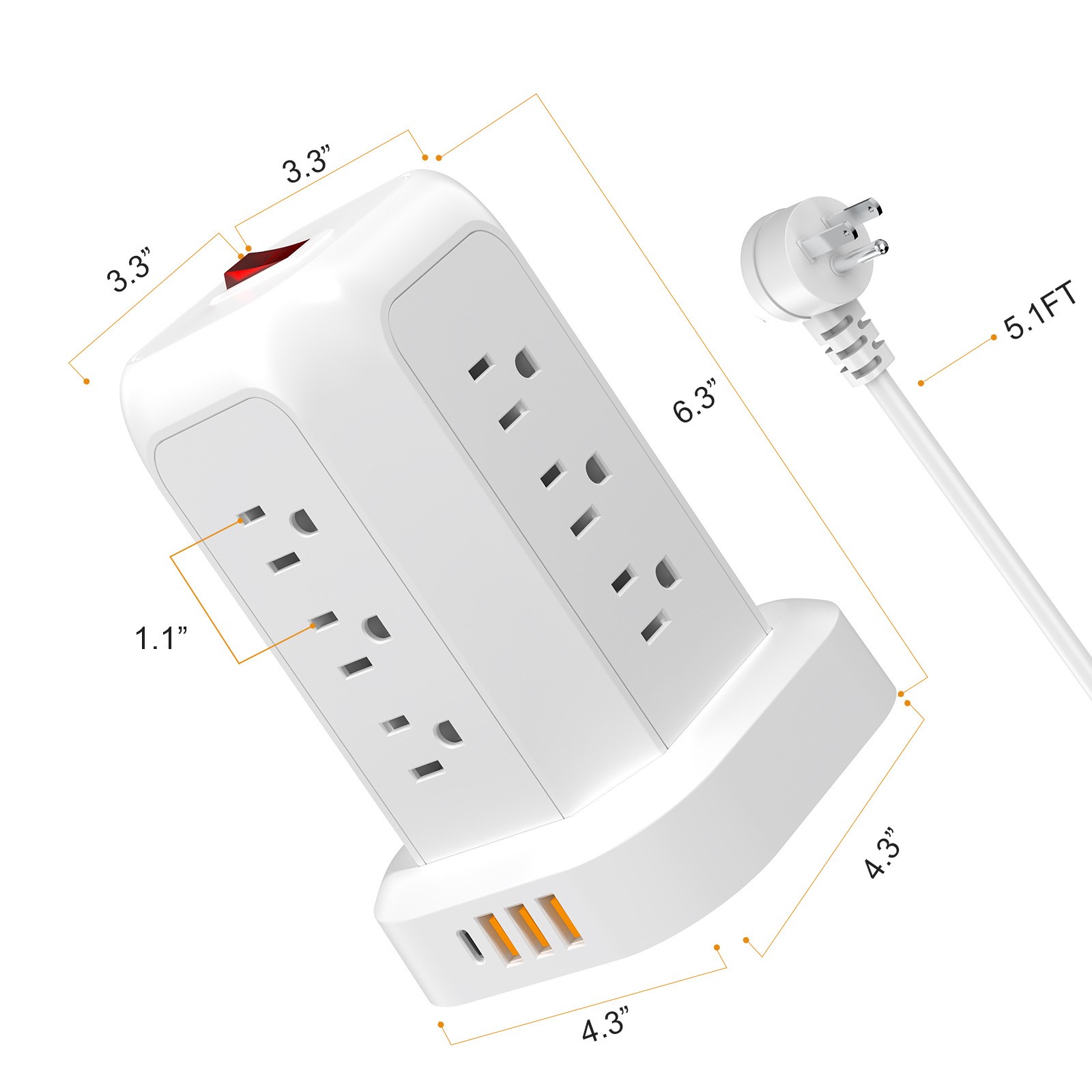USB C Power Strip Tower, Surge Protector With 12 AC Outlet 4 USB Port 5FT Cord