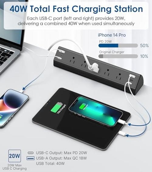 Desk Clamp Power Strip USB C,40W Total 5 Outlets & 6 USB Ports – 40W Black