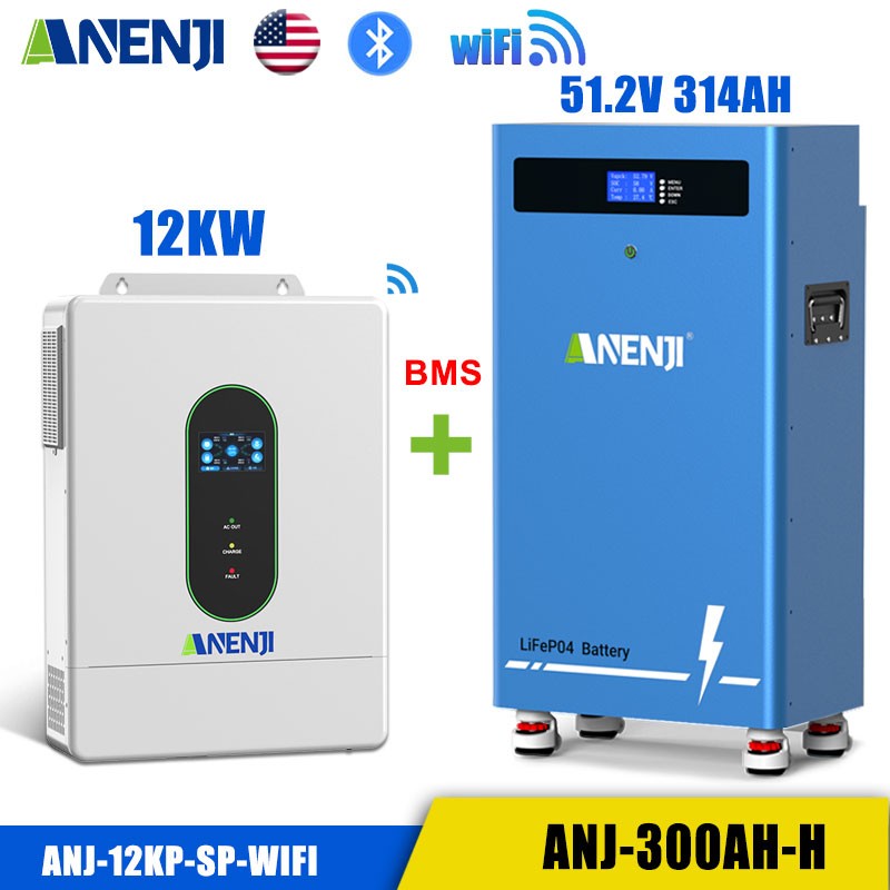 16KWh 48V 314Ah LiFePO4 Lithium Battery + 12KW Solar Inverter 120V 240V AC WIFI