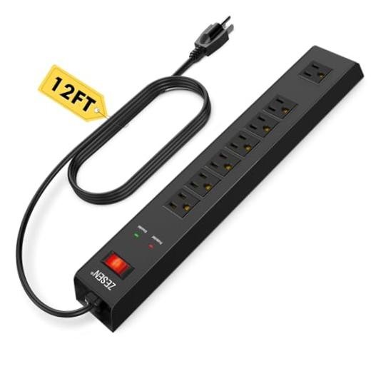 7 Outlet Metal Long Power Strip with Overload Protection & 1500J 12FT Black