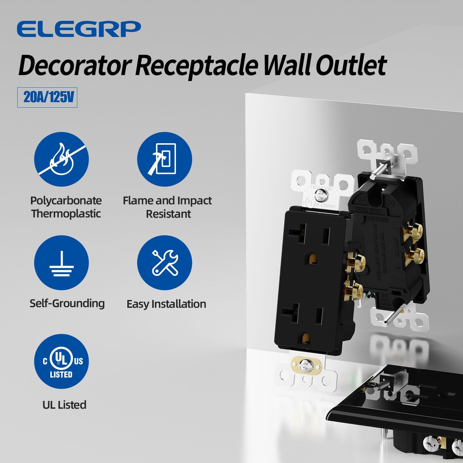 ELEGRP Glossy Black 20A 125V NEMA 5-20R Self-Grounding Non-Tamper Resistant