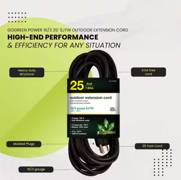 GoGreen Power 25 ft. 16/3 Heavy Duty Extension Cord – Black