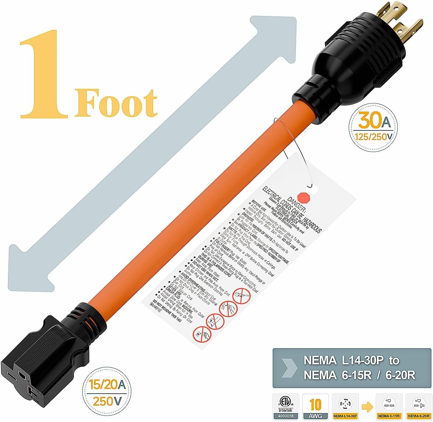 1FT Nema L14-30P 30Amp Locking Plug Male to 6-20R T-Blade Adapter, STW Black