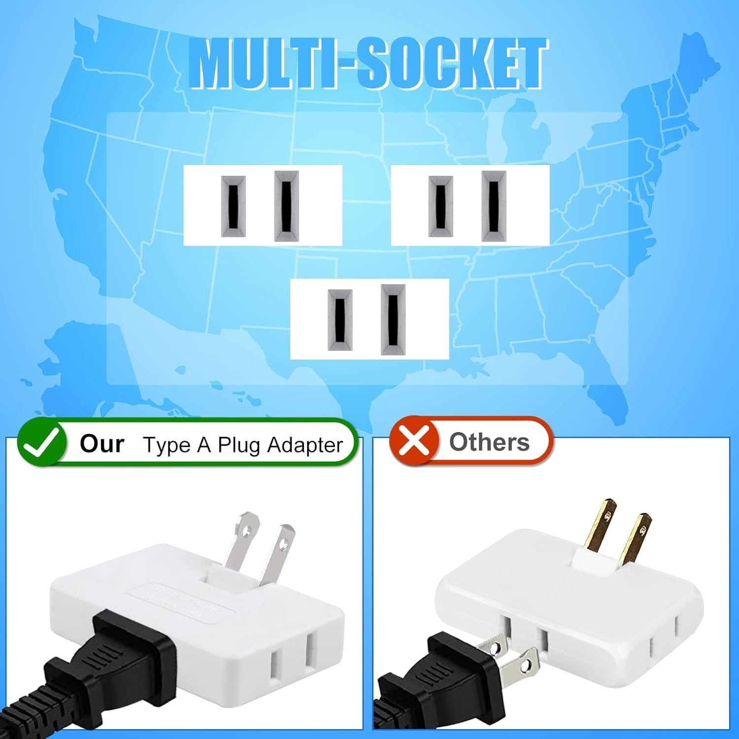 Flat Wall Plug Adapter 3 Pack 3 Outlet Foldable 180 Degree Rotating Extender Whi