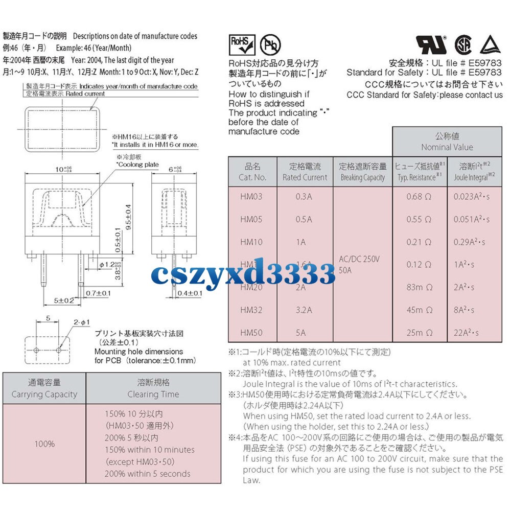 10Pcs Daito Fuse 0.3A 0.5A 1A 1.6A 2A 3.2A 5A HM03 HM05 HM10 HM16 HM20 HM32 HM50