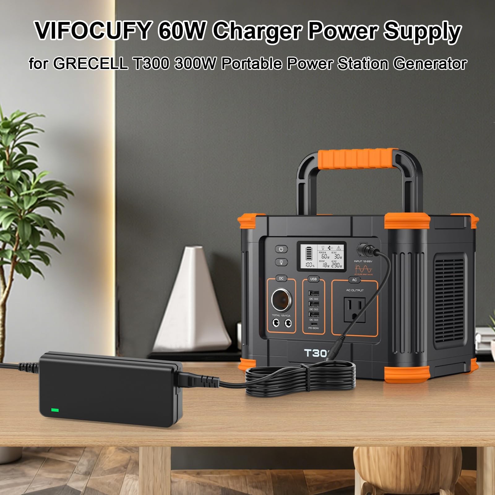 15V AC/DC Adapter Charger for GRECELL T300 300W Power Station 7.5 feet, Black