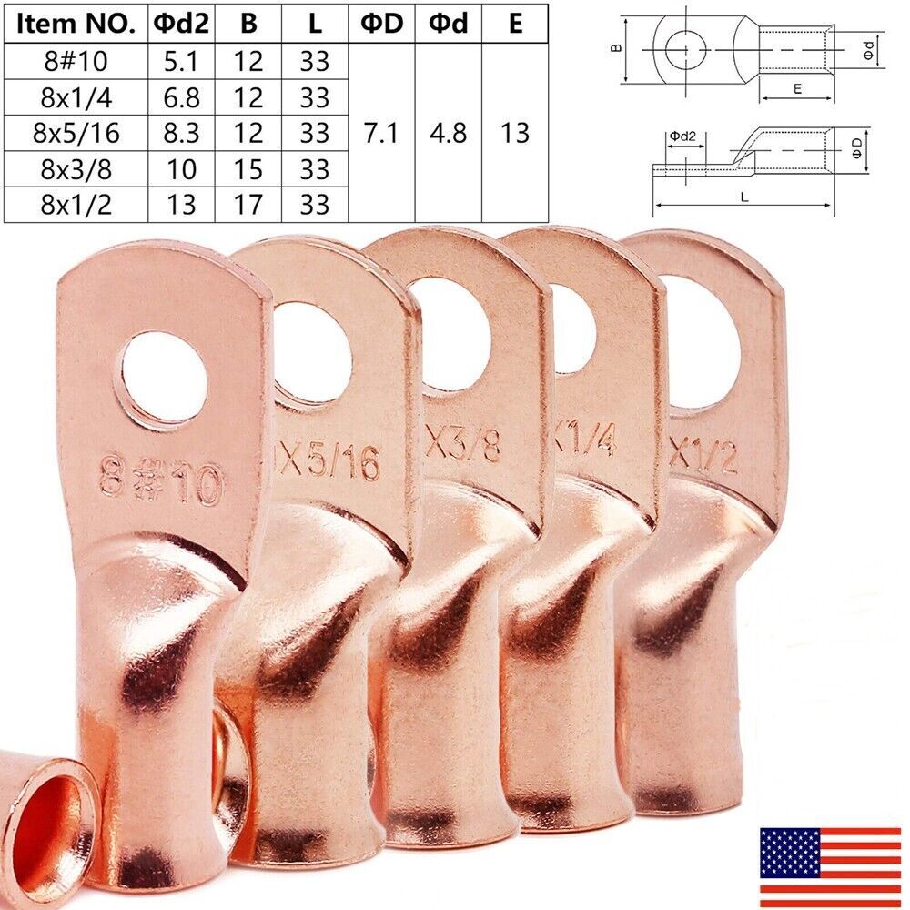 Bare Copper Lugs Ring Terminals Battery Wire Welding Cable Connectors 8-4/0 AWG