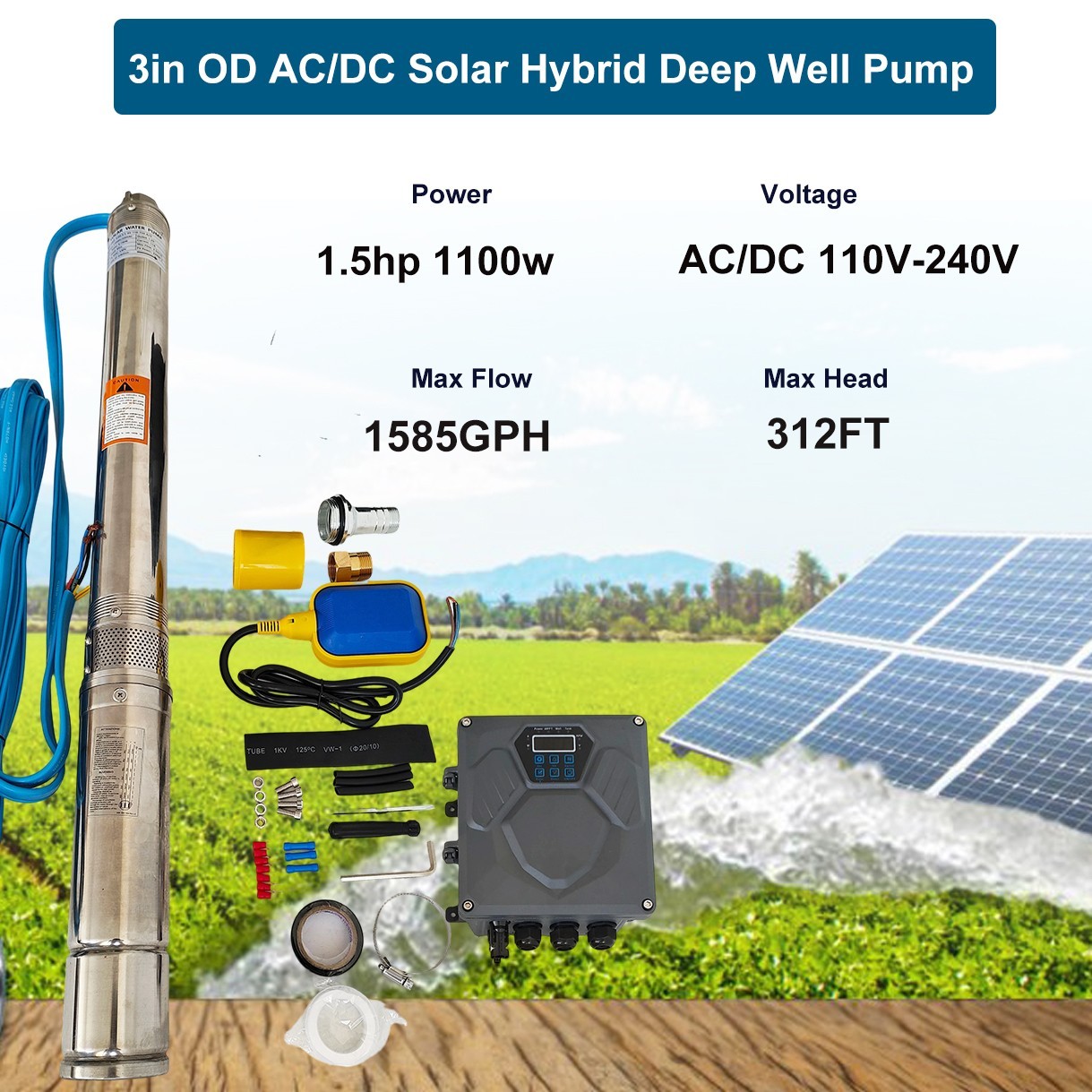 3″ AC/DC Solar Powered Bore Well Water Pump 1HP Submersible Hybrid Deep 110/220V
