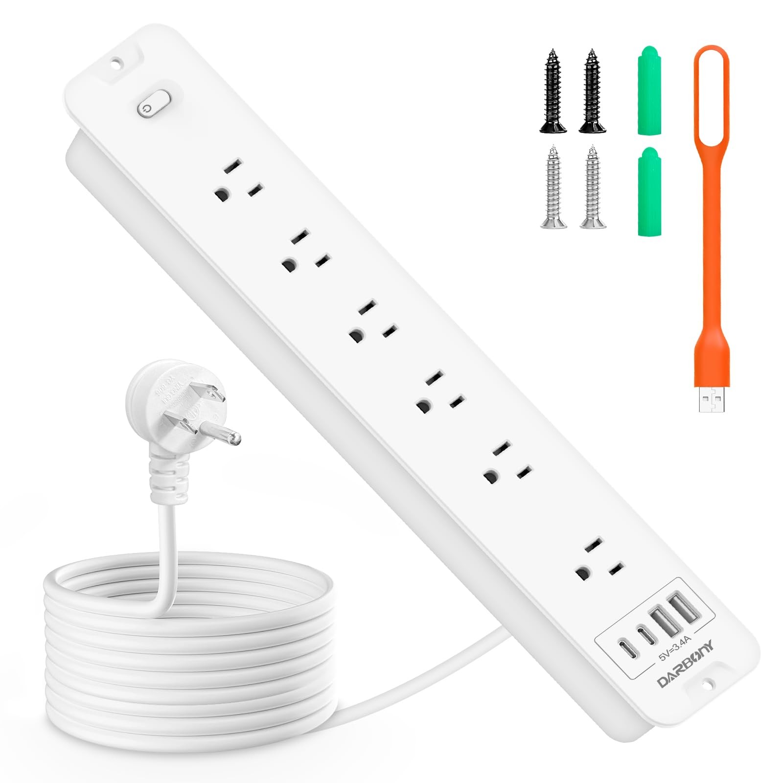 Recessed Power Strip 1800J Surge Protector USB C, 6 AC Outlets with 4 white