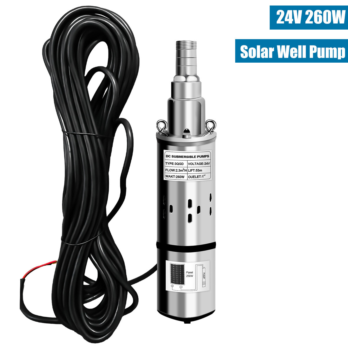 3” 24V Solar Deep Well Pump Water Pump 1200L/H Stainless Steel Submersible