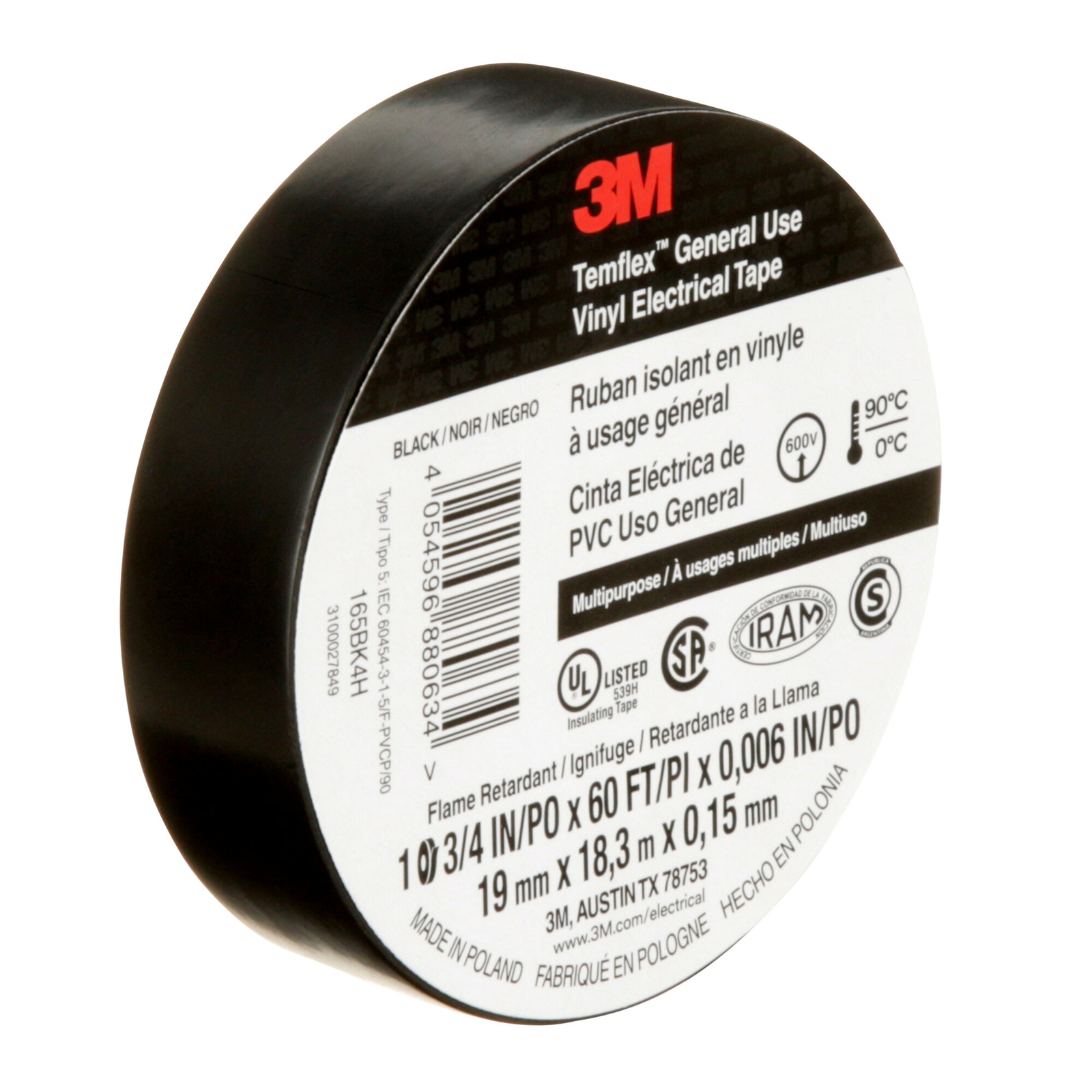 3M Temflex Vinyl Electrical Tape 165, Black, 3/4 in x 60 ft x .006 in