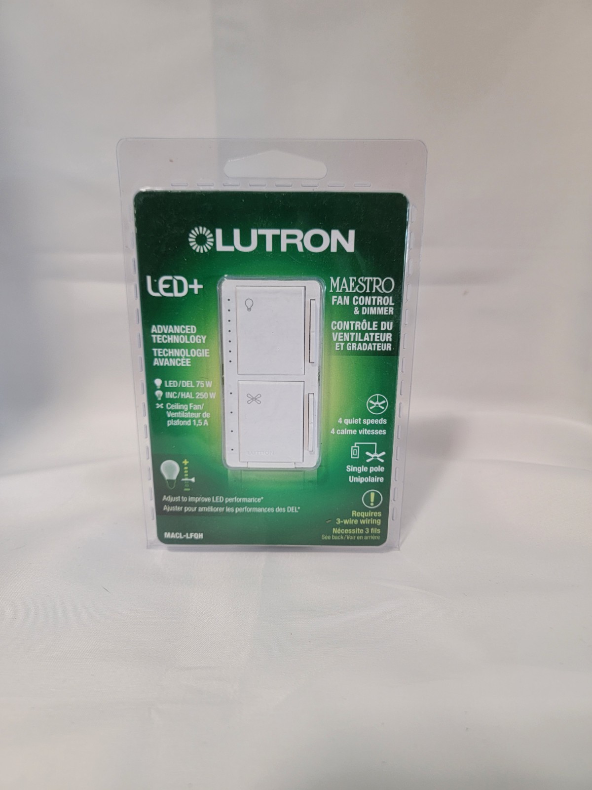 New Lutron Maestro Fan Control and Light Dimmer White MACL-LFQH-WH 75W LED+