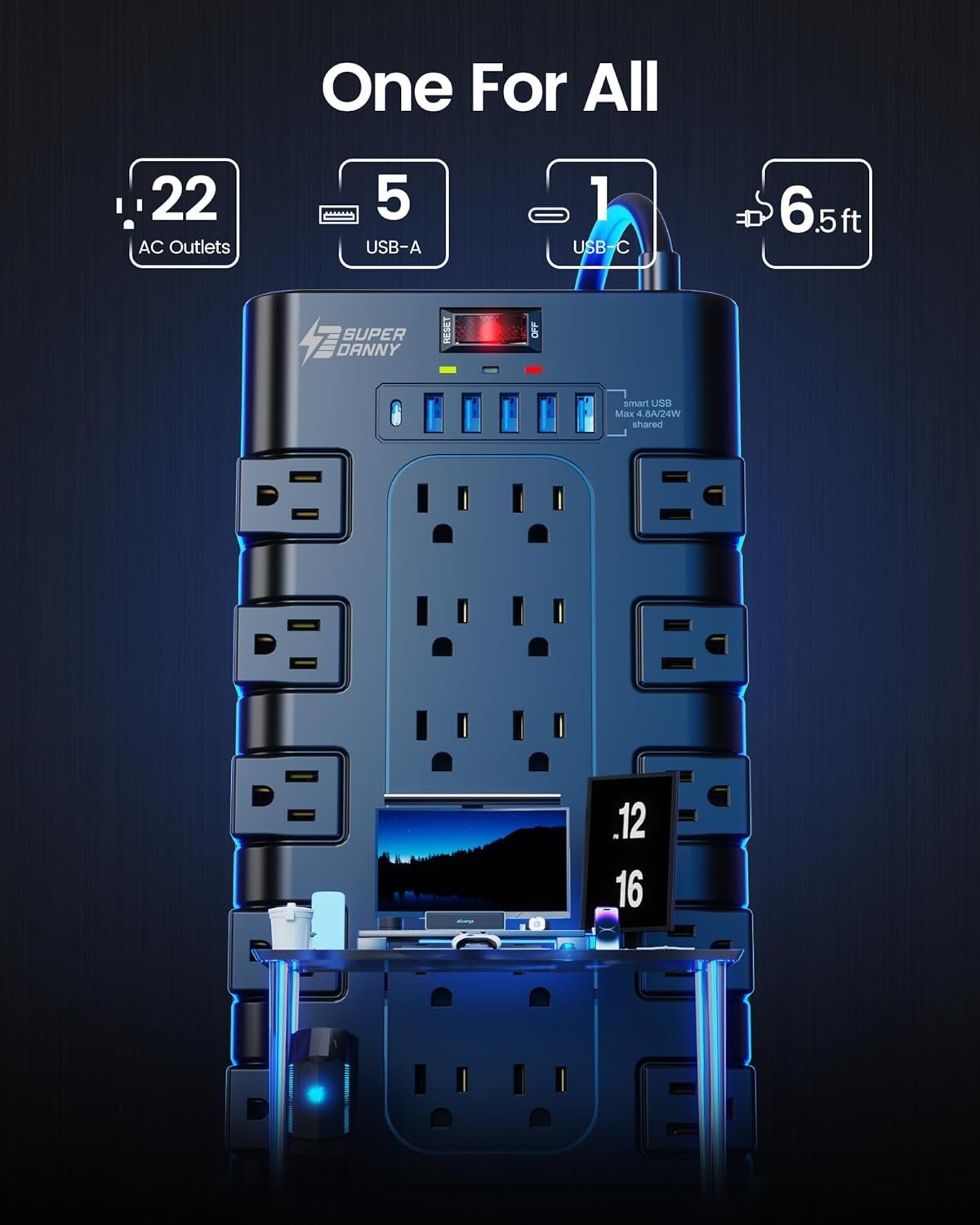 Power Strip SUPERDANNY Surge Protector 22 AC Outlets 6 USB Charging Ports 6.5Ft