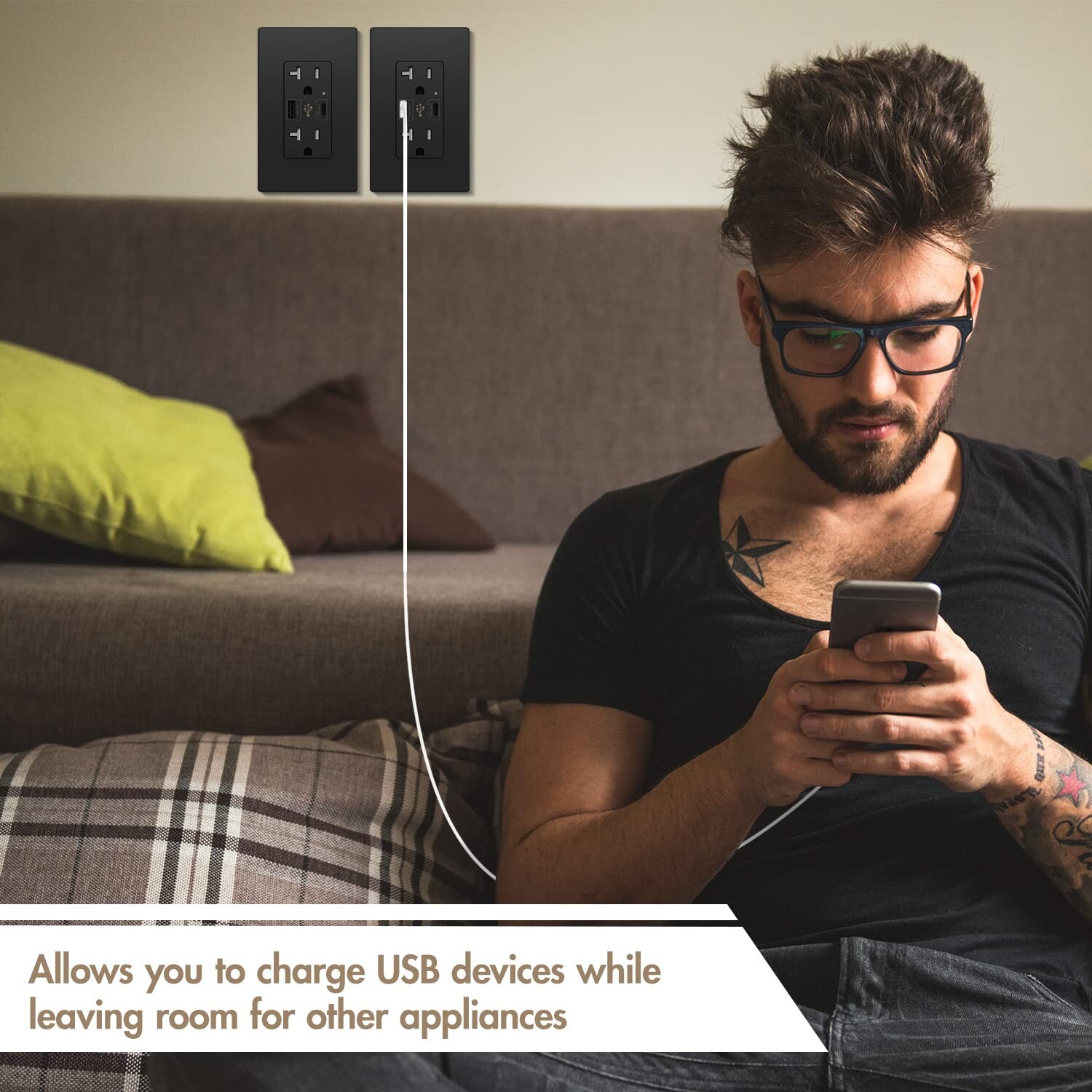 4.8A USB C Outlet UL Dual High Speed, Receptacle 20 Amp,125 Volt,Black,10Pack