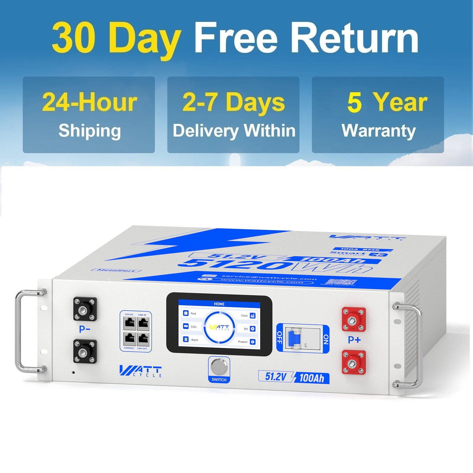 Wattcycle 2Pack 48V 100Ah Server Rack Battery+48V 12000W Solar Inverter 120/240V