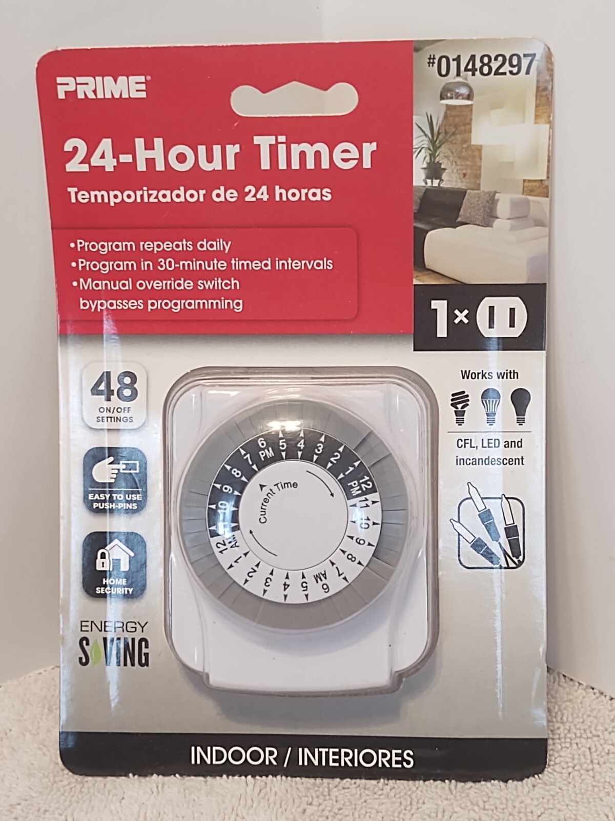 Prime 24-Hour Timer Indoor Energy Saving 1 outlet Easy to Use 125 volts New