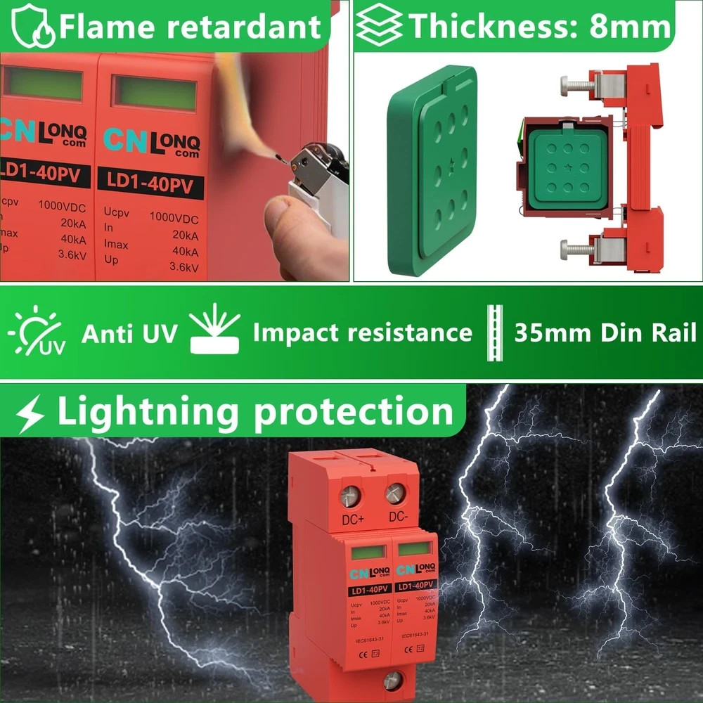 2P 40KA Voltage Surge Protector DC 1000V Solar PV Lightning Arrester Device f…