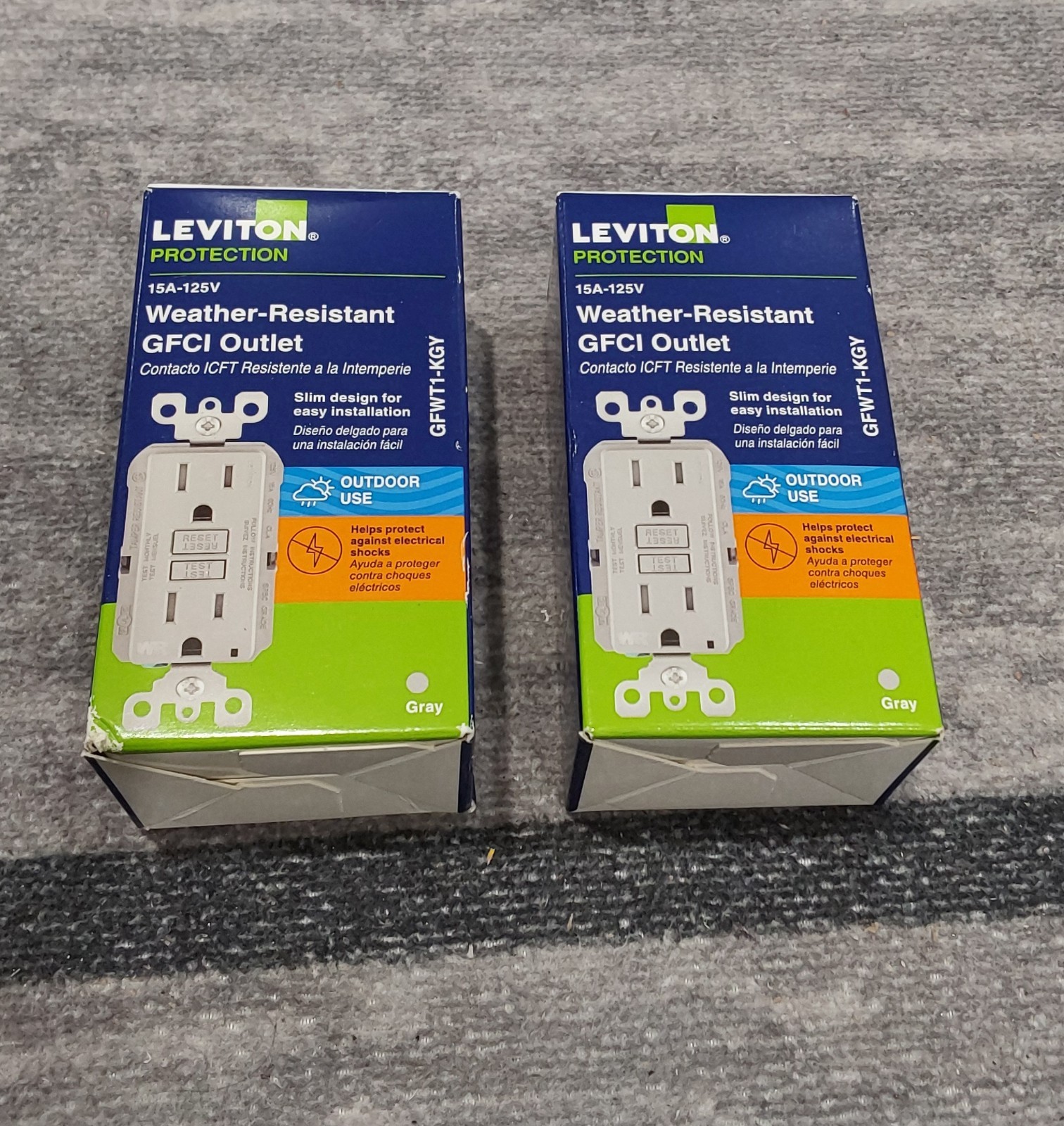 Leviton GFWT1-KGY 15 Amp 125V GFCI Outlet Gray Electrical Outlet LOT OF 2 F