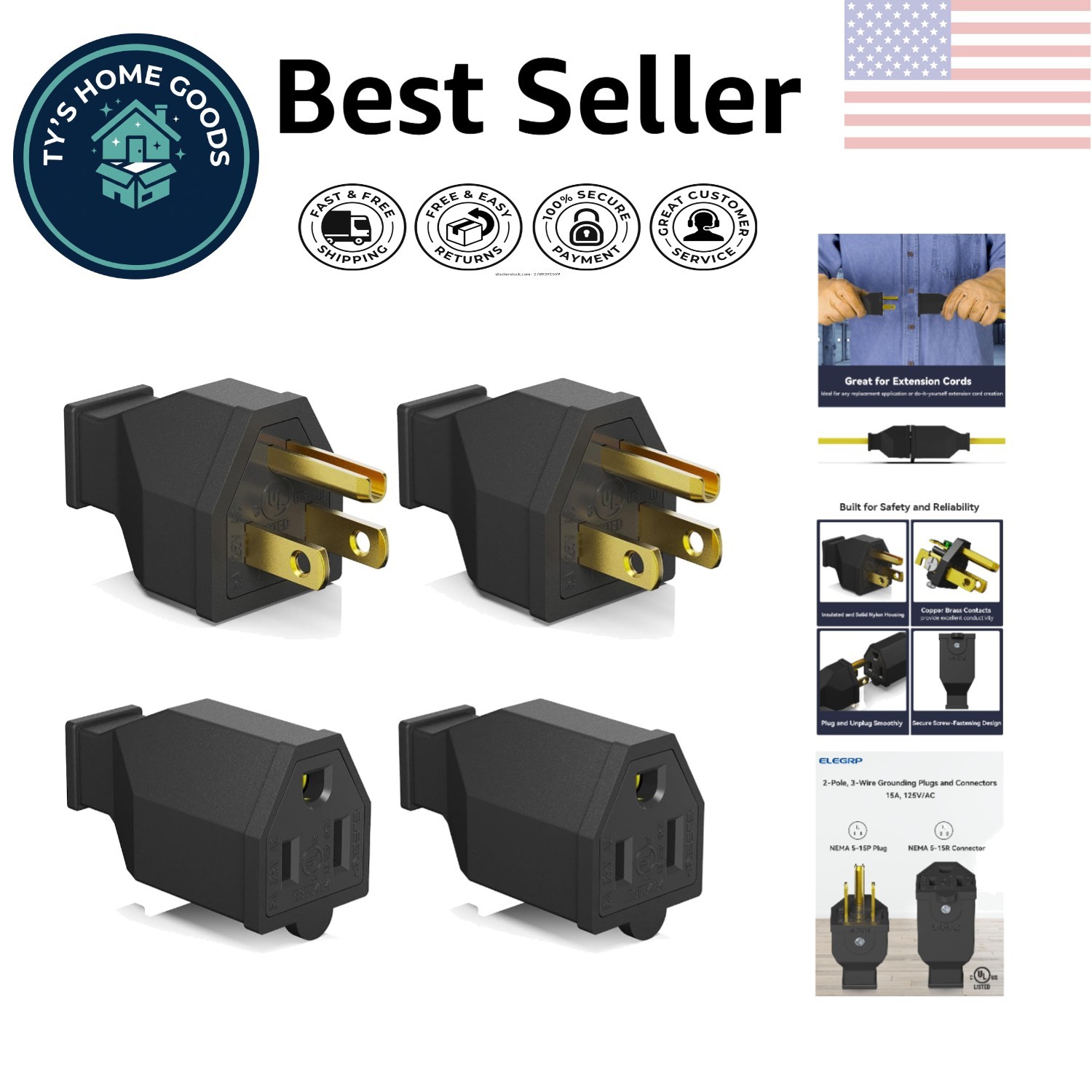 Black 15A 125V Plug and Connector Set – Toughened, Easy to Replace, 2 Count