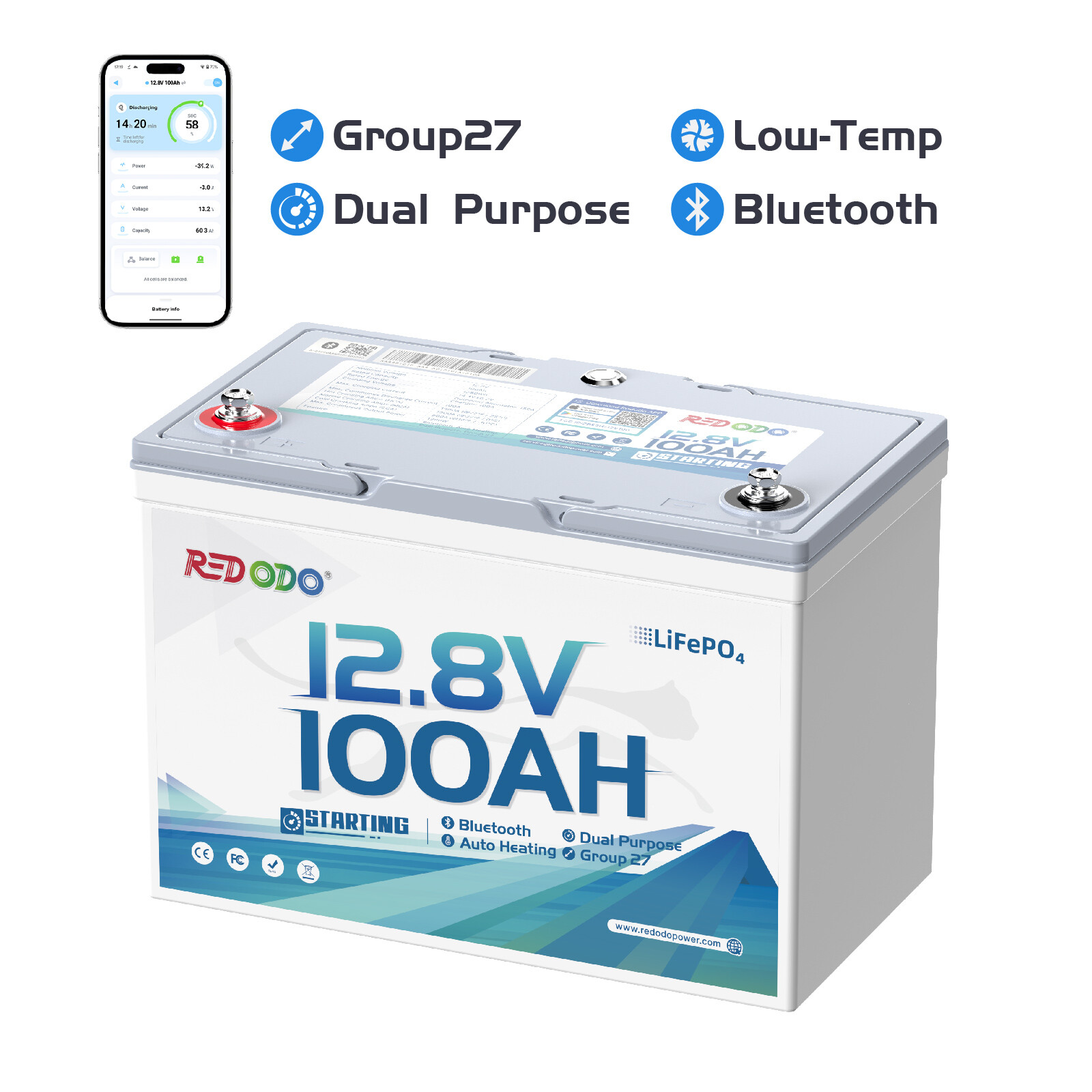 Redodo 12V 100Ah Bluetooth Lithium Battery 14.6V 20A Charger Dual-Purpose 900CCA