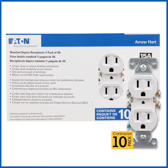Eaton 15 -Amp 125-volt Residential Duplex Outlet Receptacles , White 10 -Pack