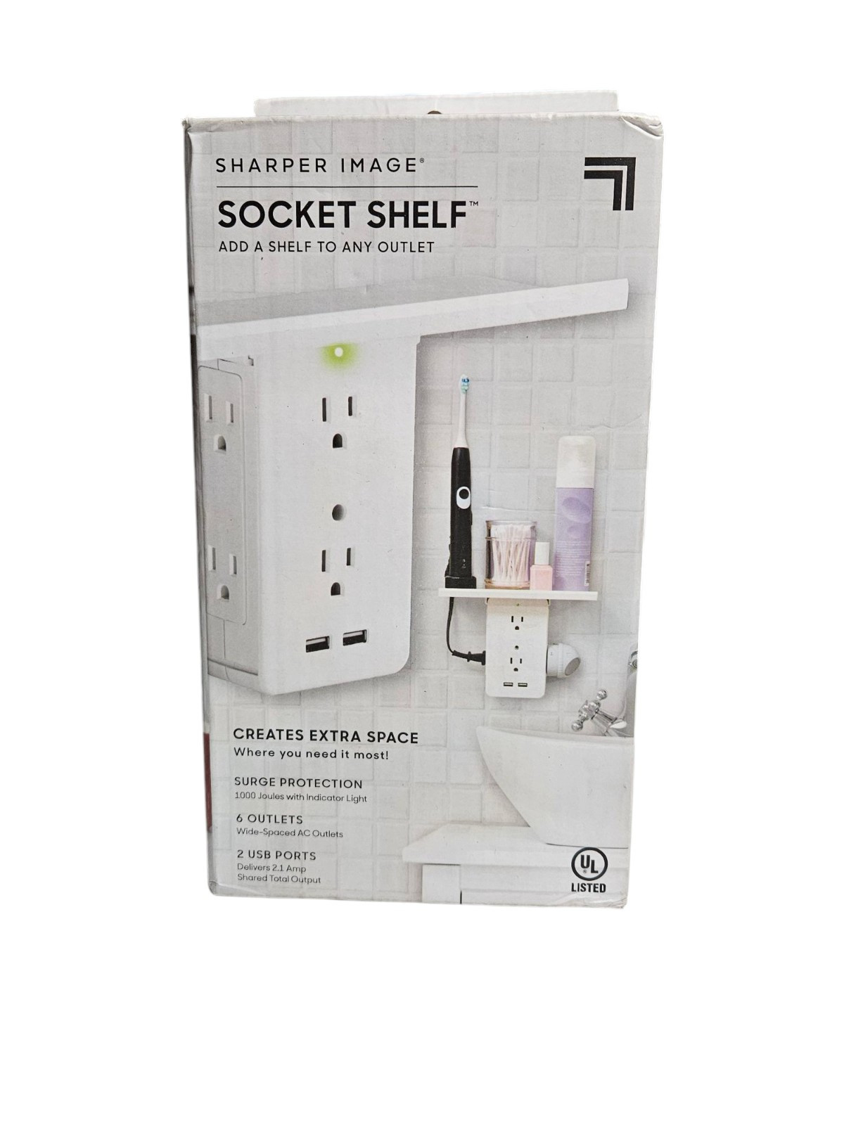 Sharper Image Socket Shelf – 6 Outlets – Surge Protection – 2 USB Ports ￼