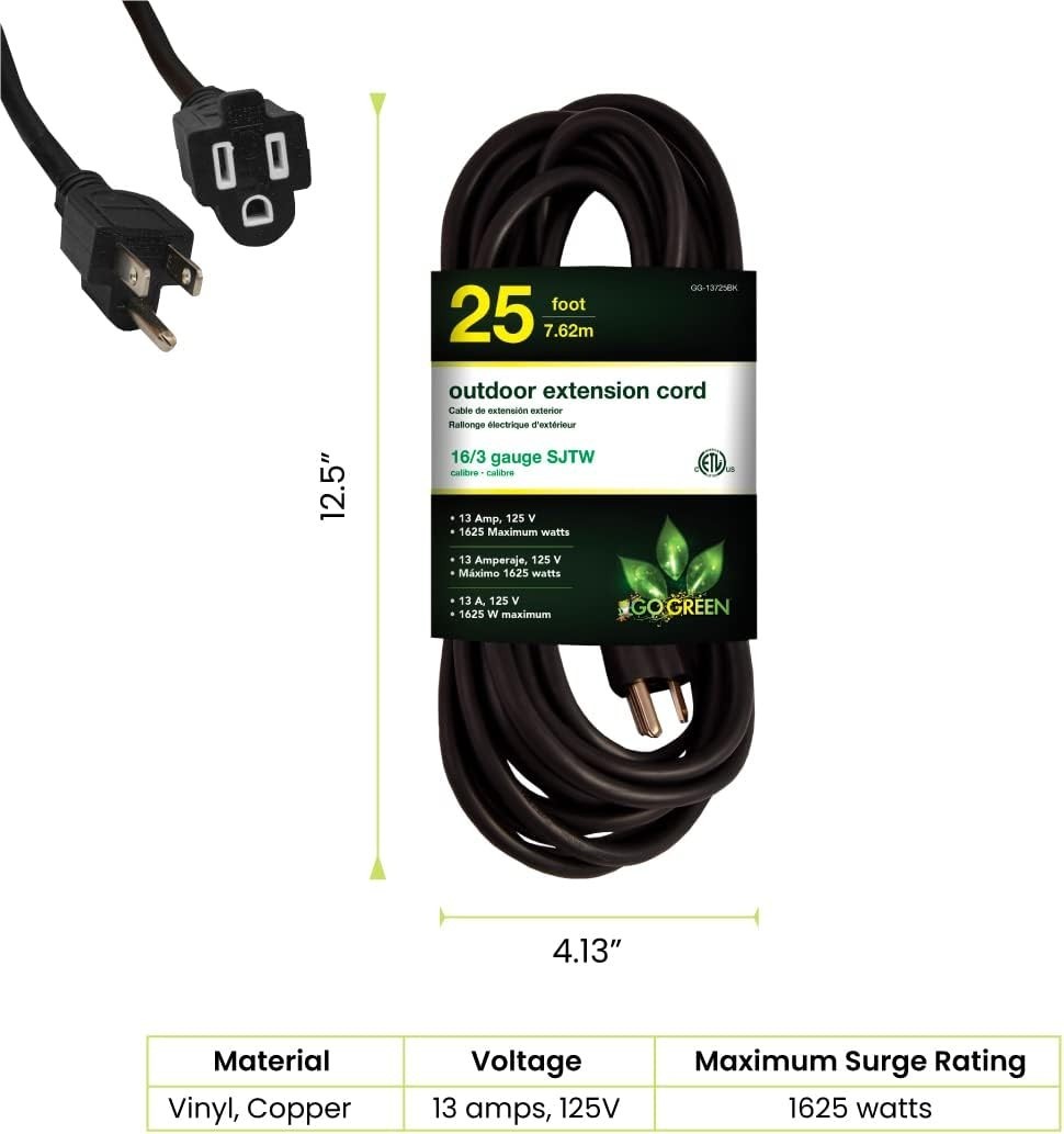 25ft Black SJTW Extension Cord – Moisture & Abrasion Resistant for Outdoor Use