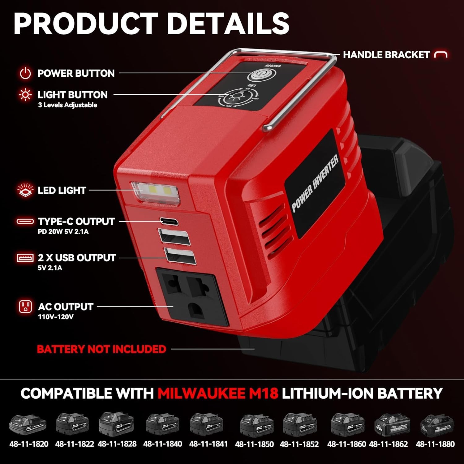 200W Power Inverter for Milwaukee 18V, DC 20V to AC 110V Inverter, Portable P…