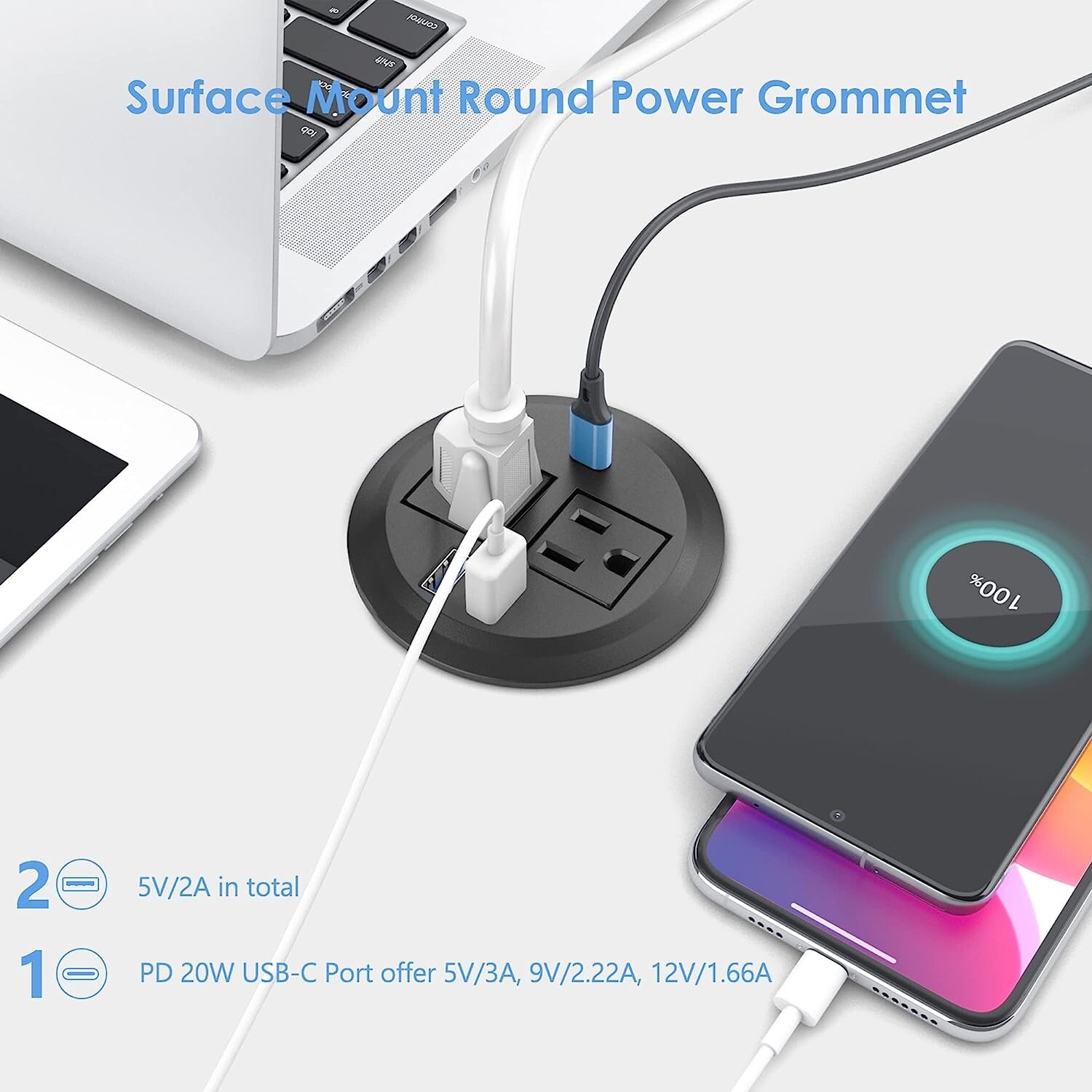 Desktop Power Grommet with 2 AC OUTLETS Fast Charging USB C, 2 USB A PORTS