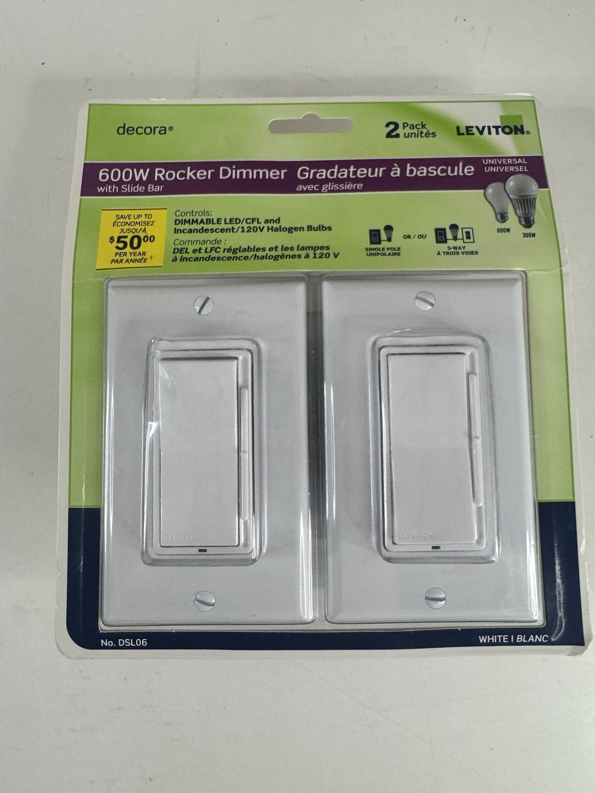 NEW WHITE LEVITON DSL06 DECORA ROCKER DIMMERS WITH SLIDE BAR SET OF 2 , 600W