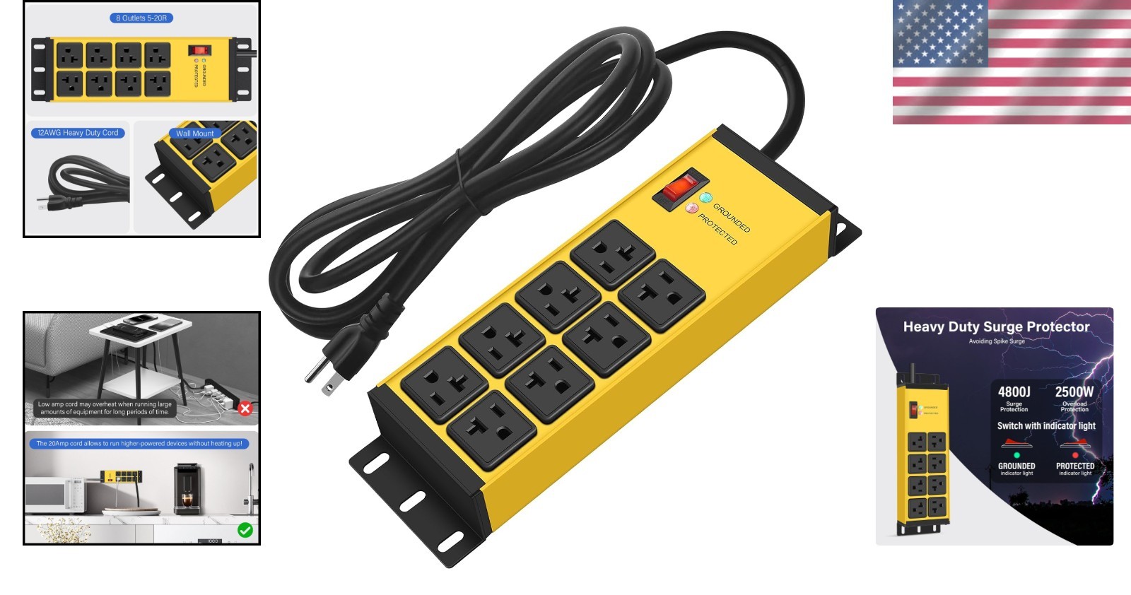 Professional 12AWG Magnetic Power Strip – 8 Outlets, 4800J Surge Protection, 20A
