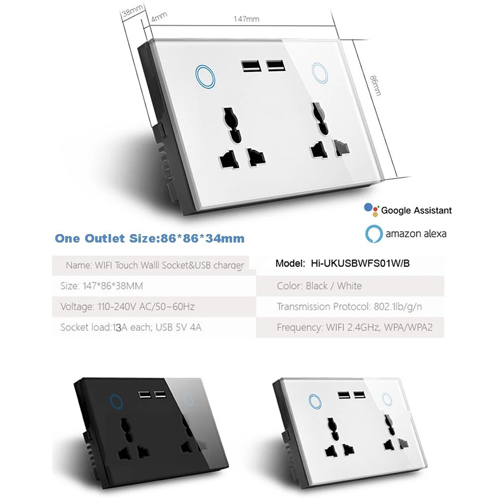 New Tuya Wifi Smart Life USB Type C Wall Socket Universal Electrical Plug Outlet